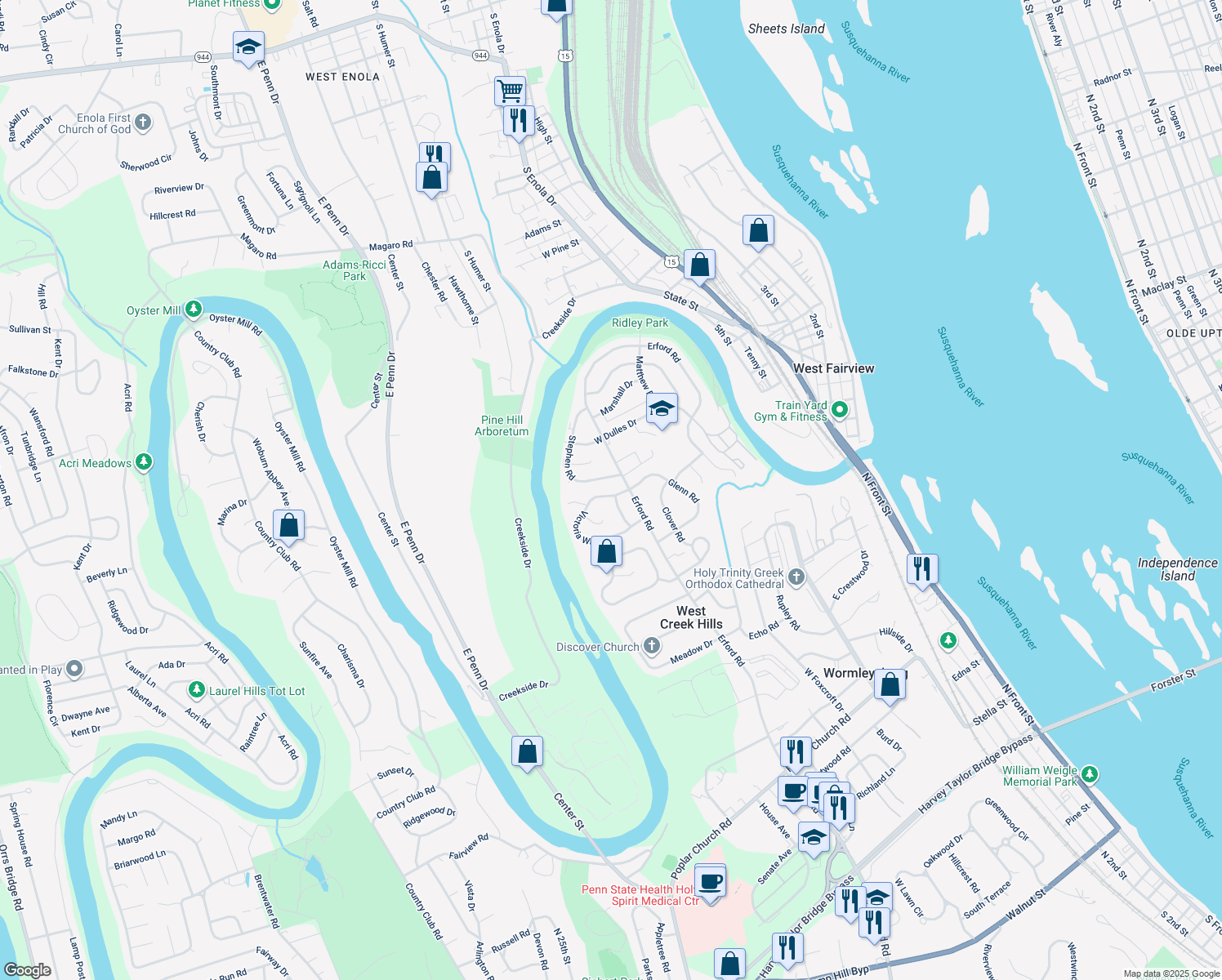 map of restaurants, bars, coffee shops, grocery stores, and more near 47 Victoria Way in Camp Hill