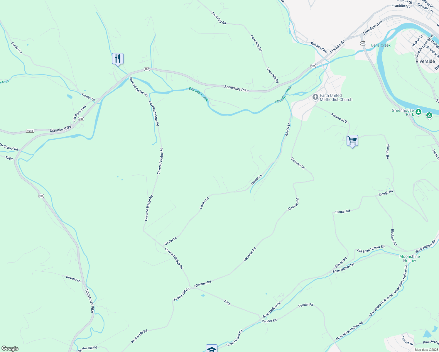 map of restaurants, bars, coffee shops, grocery stores, and more near 145 Kordell Lane in Johnstown