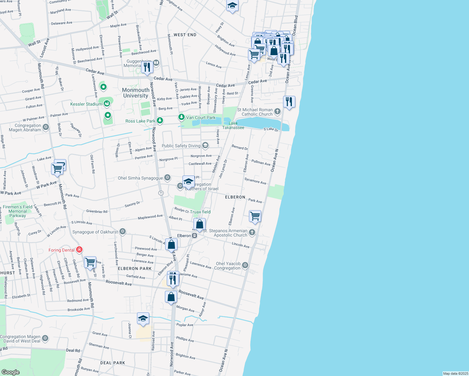 map of restaurants, bars, coffee shops, grocery stores, and more near 112 Vozi Court in Long Branch