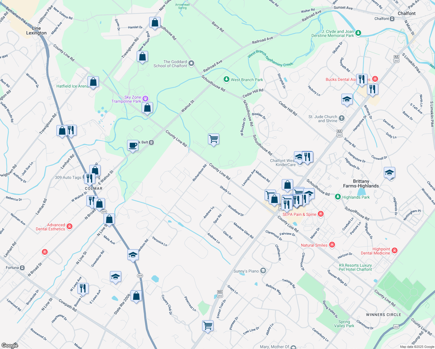 map of restaurants, bars, coffee shops, grocery stores, and more near 108 County Line Rd in Lansdale