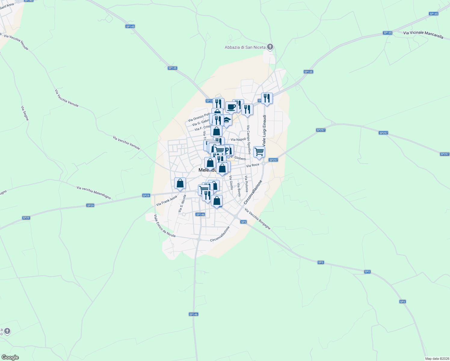 map of restaurants, bars, coffee shops, grocery stores, and more near Piazza Borgo San Antonio in Melendugno