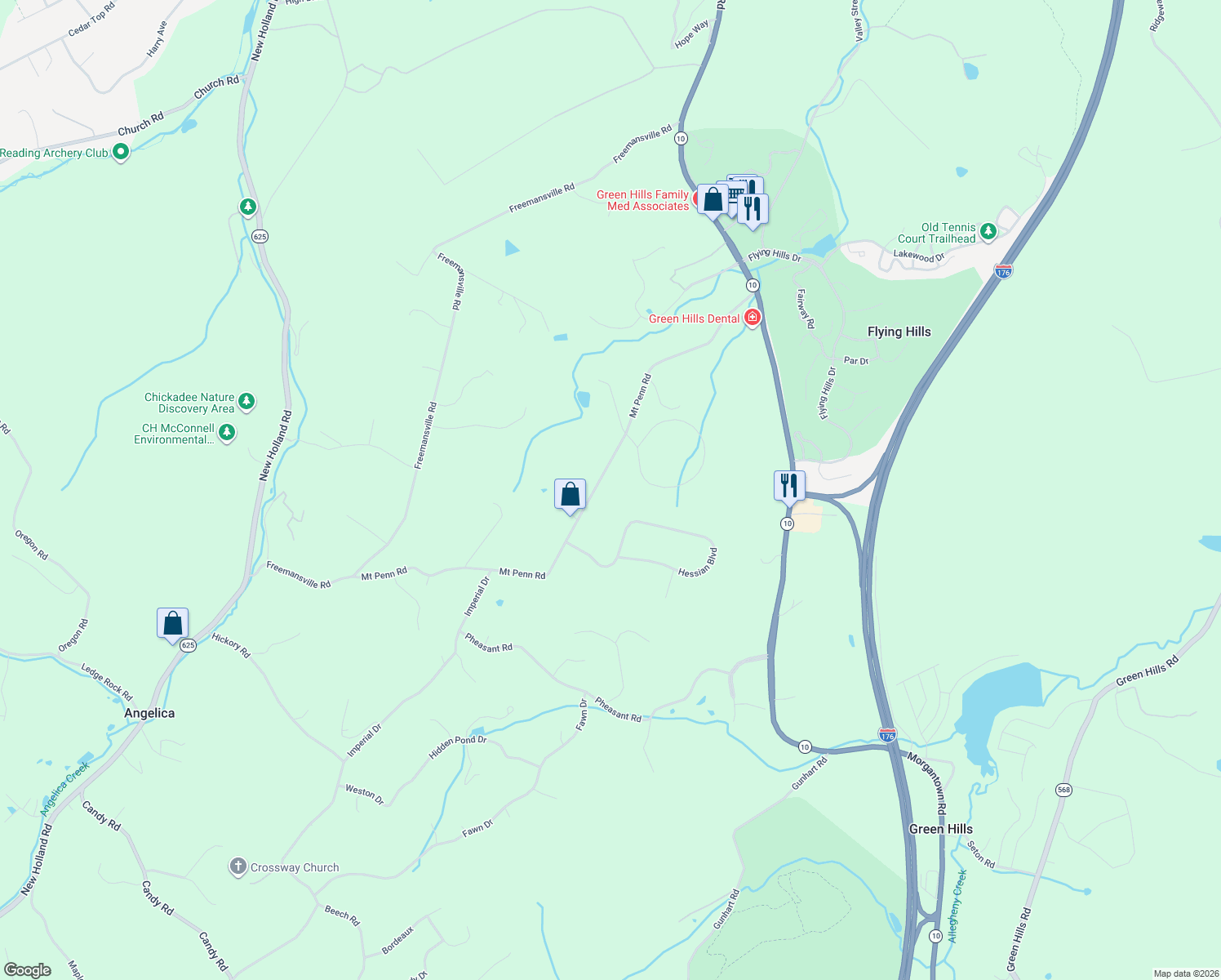 map of restaurants, bars, coffee shops, grocery stores, and more near 459 Mount Penn Road in Reading
