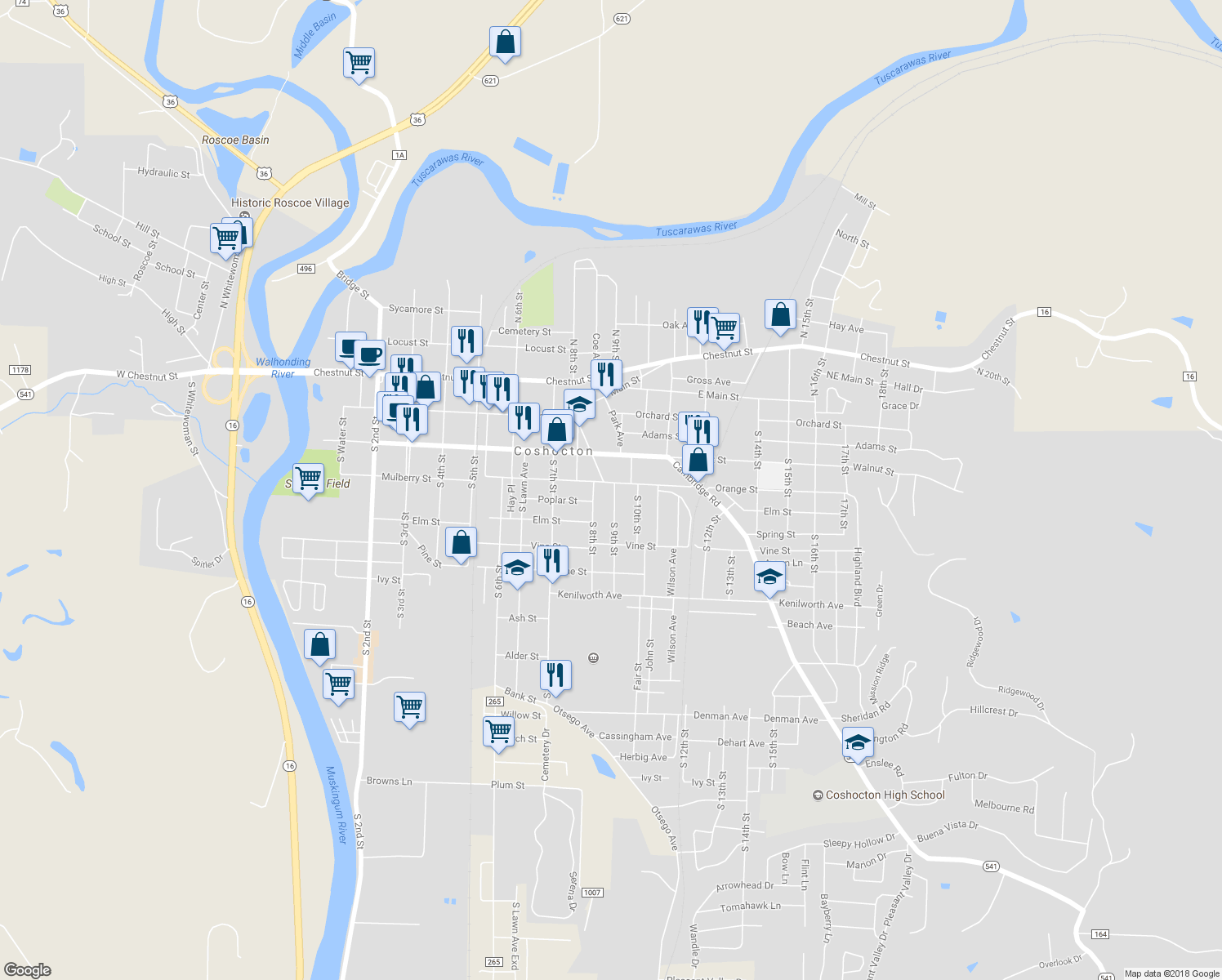 map of restaurants, bars, coffee shops, grocery stores, and more near 309 South 9th Street in Coshocton