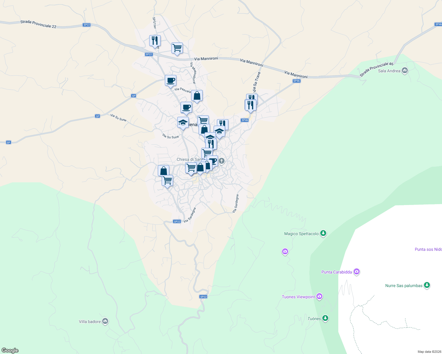 map of restaurants, bars, coffee shops, grocery stores, and more near 34 Via Nazario Sauro in Oliena