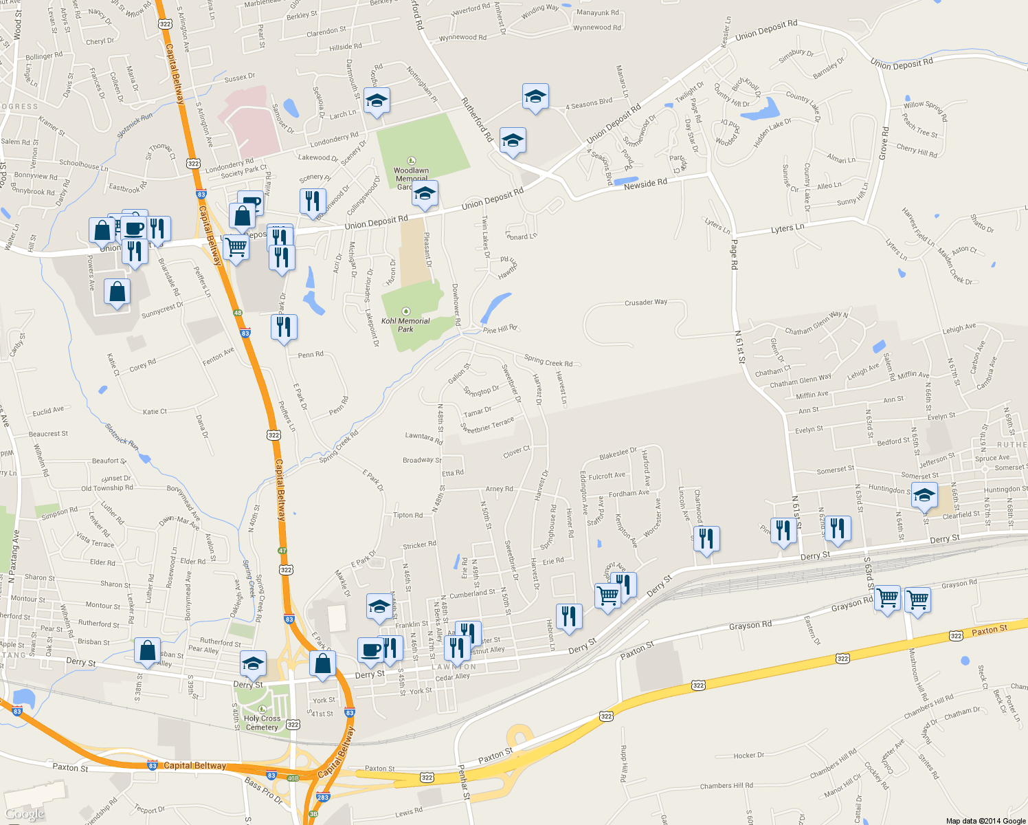 map of restaurants, bars, coffee shops, grocery stores, and more near 4842 Sweetbrier Terrace in Harrisburg