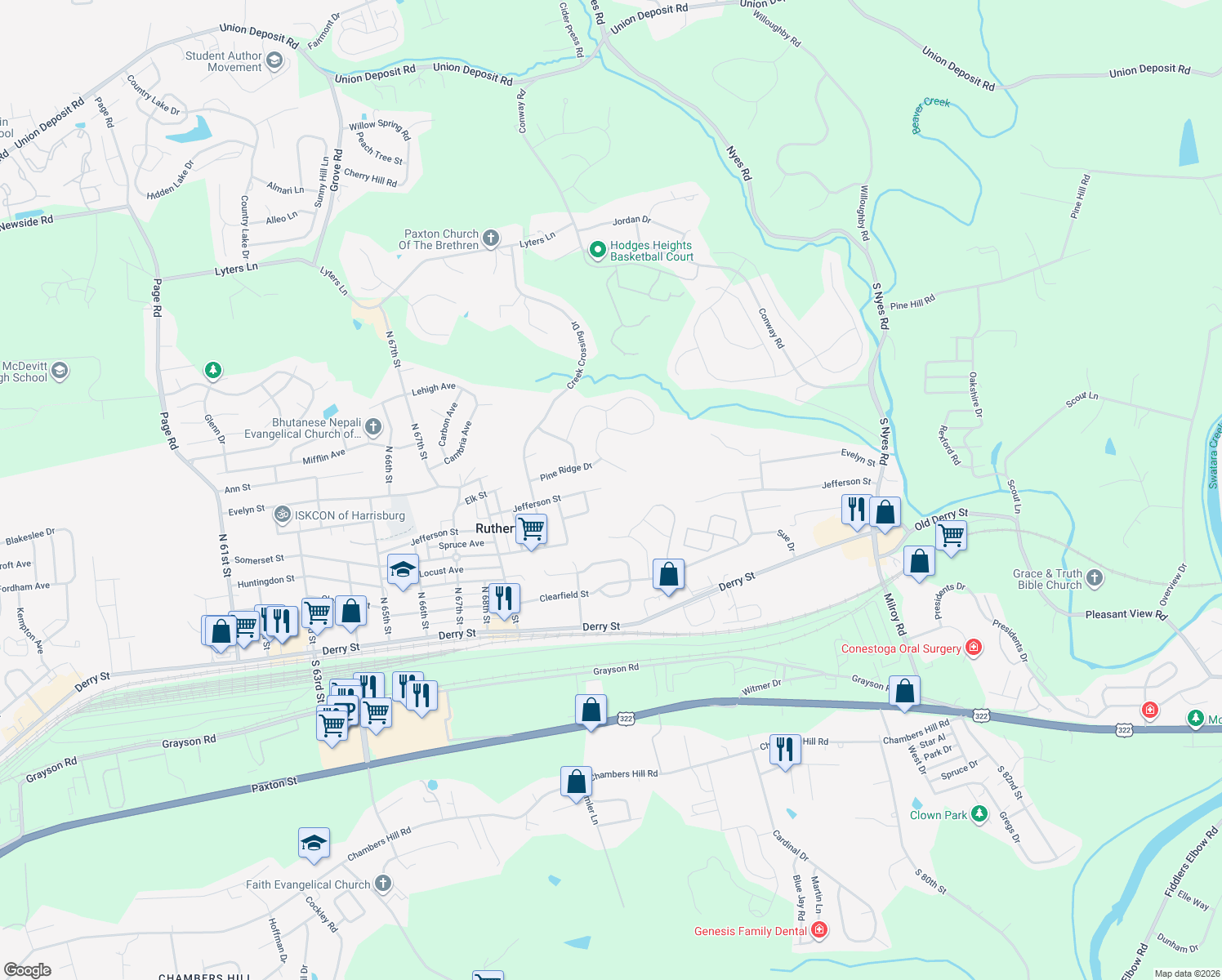 map of restaurants, bars, coffee shops, grocery stores, and more near 7341 Jefferson St in Harrisburg