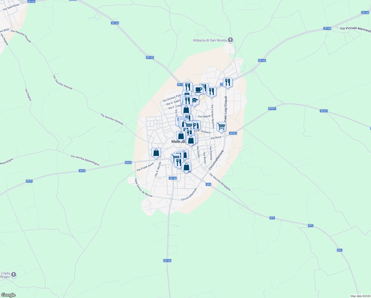 map of restaurants, bars, coffee shops, grocery stores, and more near Piazza Borgo San Antonio in Melendugno