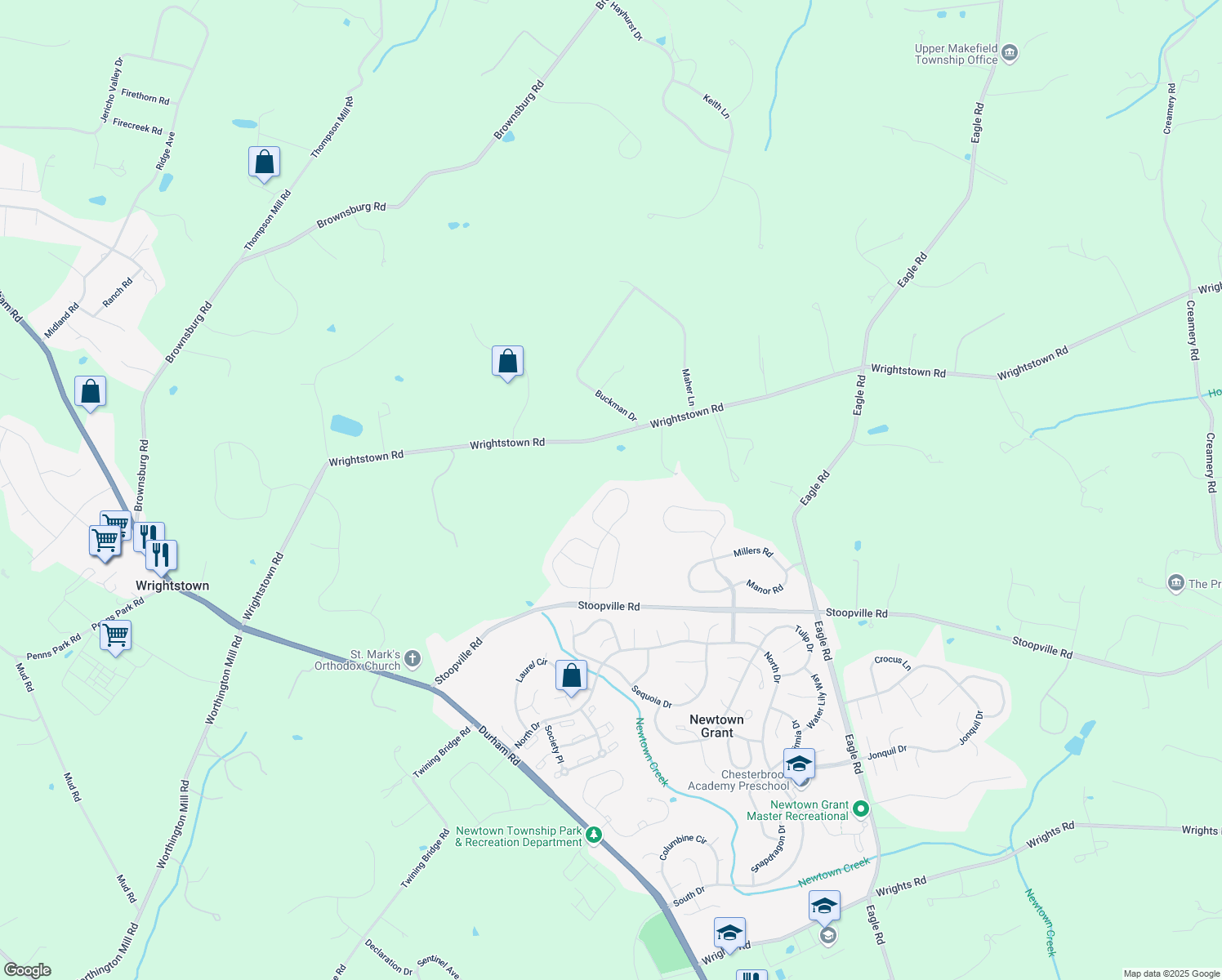 map of restaurants, bars, coffee shops, grocery stores, and more near 15 Atkinson Lane in Newtown