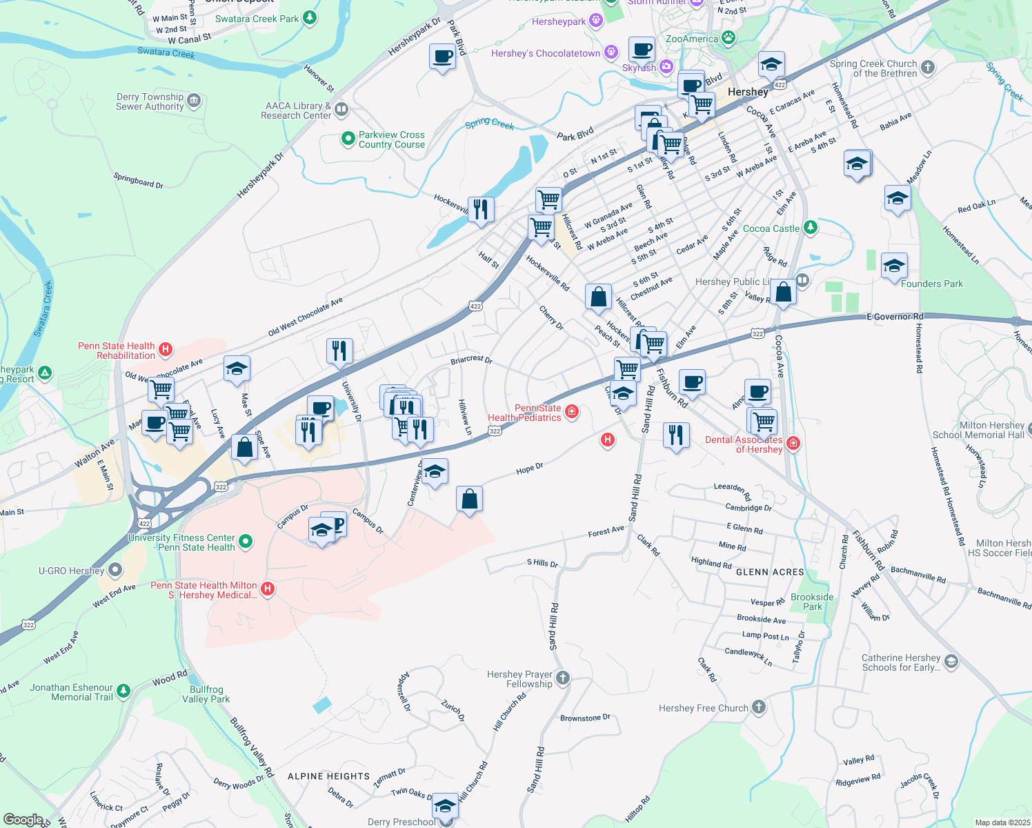 map of restaurants, bars, coffee shops, grocery stores, and more near 1090 Beech Ave in Hershey