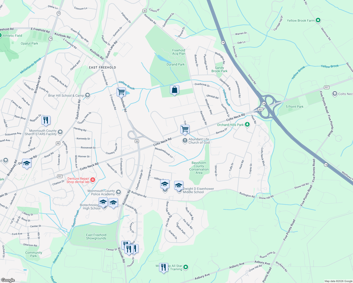 map of restaurants, bars, coffee shops, grocery stores, and more near 630 Colts Neck Rd in Freehold