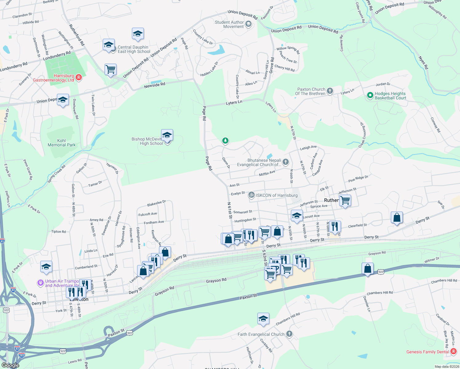 map of restaurants, bars, coffee shops, grocery stores, and more near 6100 Ann Street in Harrisburg