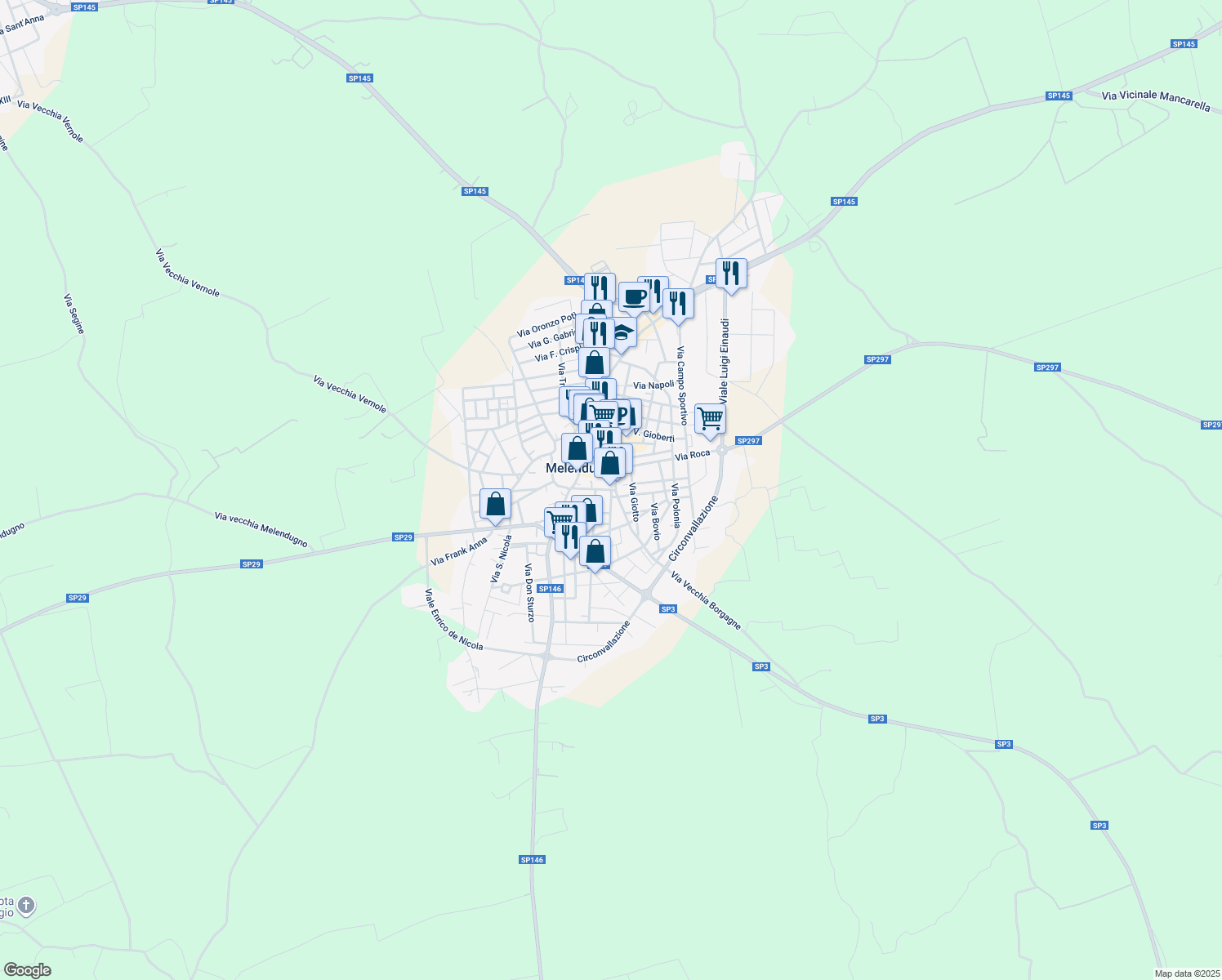 map of restaurants, bars, coffee shops, grocery stores, and more near Piazza Borgo San Antonio in Melendugno