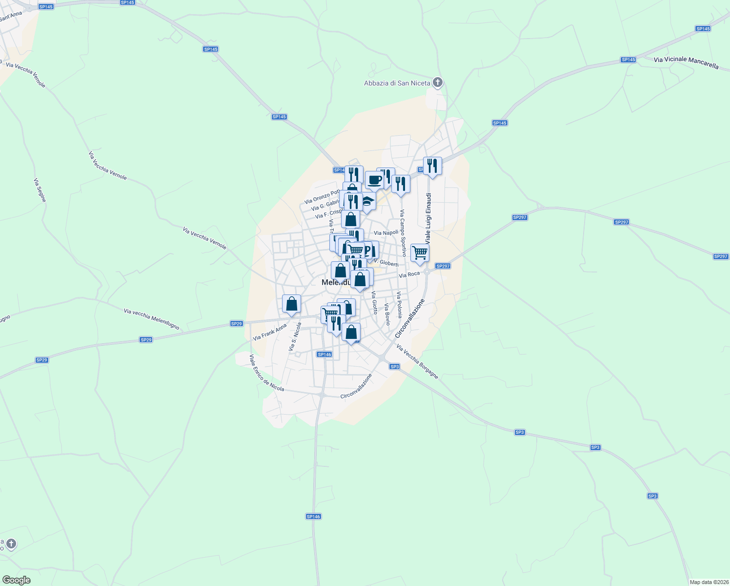map of restaurants, bars, coffee shops, grocery stores, and more near 16 Via C. Colombo in Melendugno