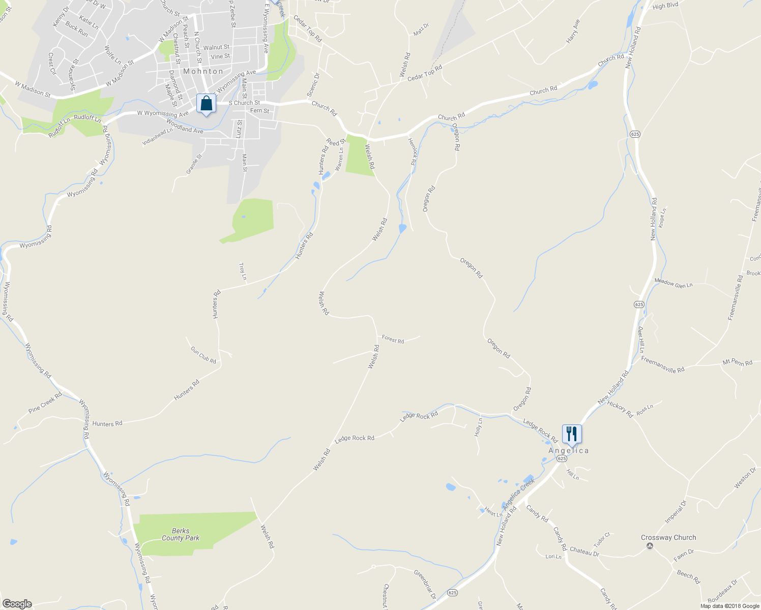 map of restaurants, bars, coffee shops, grocery stores, and more near 2184 Welsh Road in Mohnton