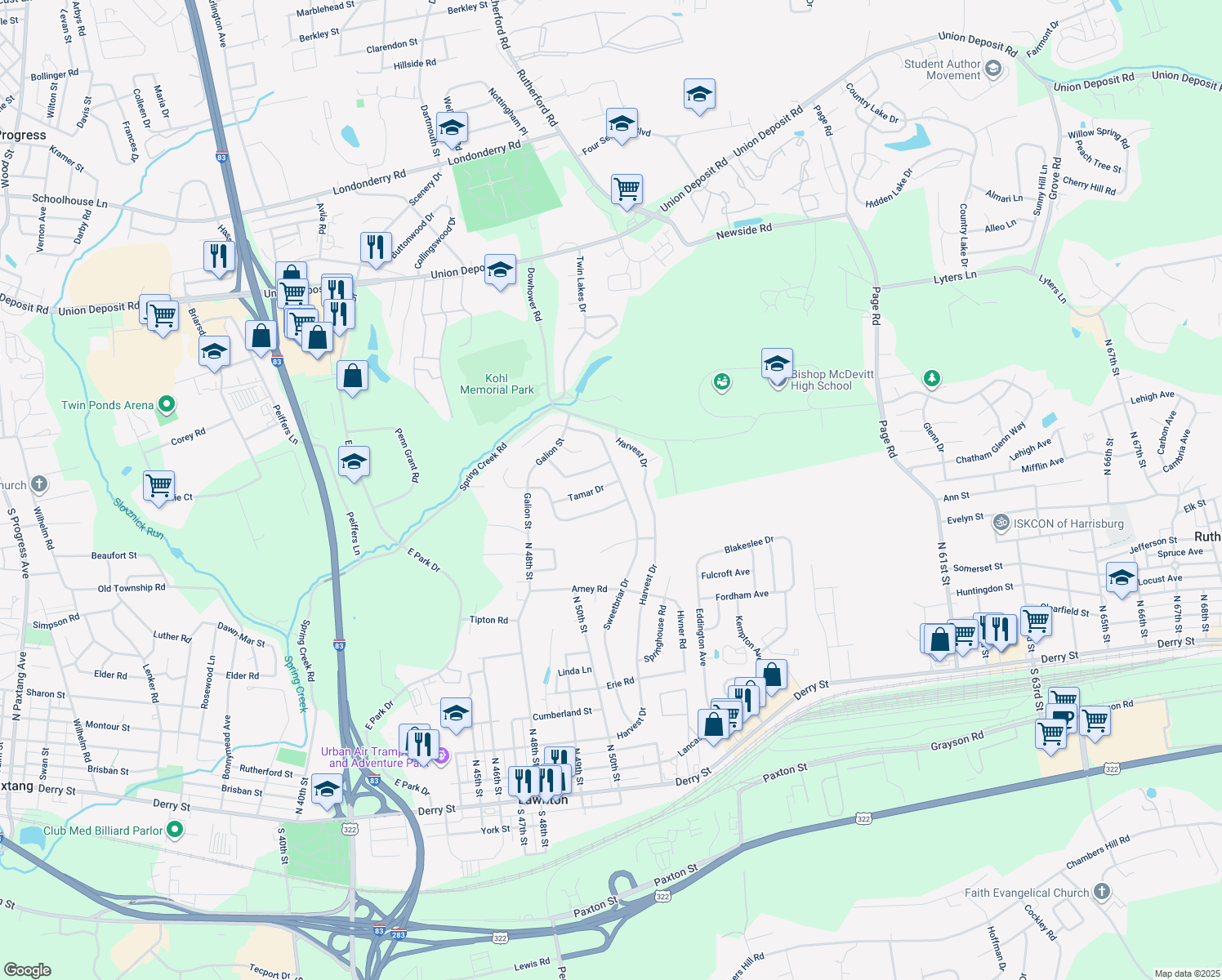 map of restaurants, bars, coffee shops, grocery stores, and more near 4823 Tamar Drive in Harrisburg
