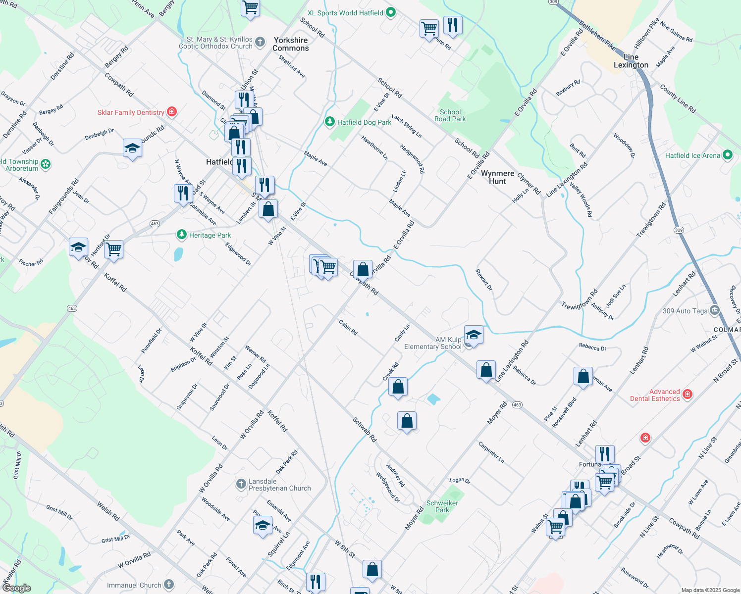 map of restaurants, bars, coffee shops, grocery stores, and more near 1340 Cowpath Rd in Hatfield