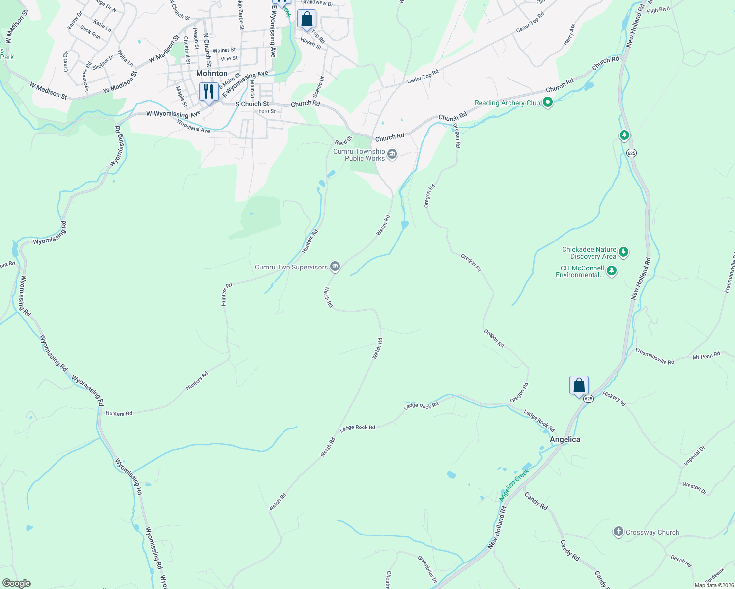 map of restaurants, bars, coffee shops, grocery stores, and more near 2184 Welsh Road in Mohnton