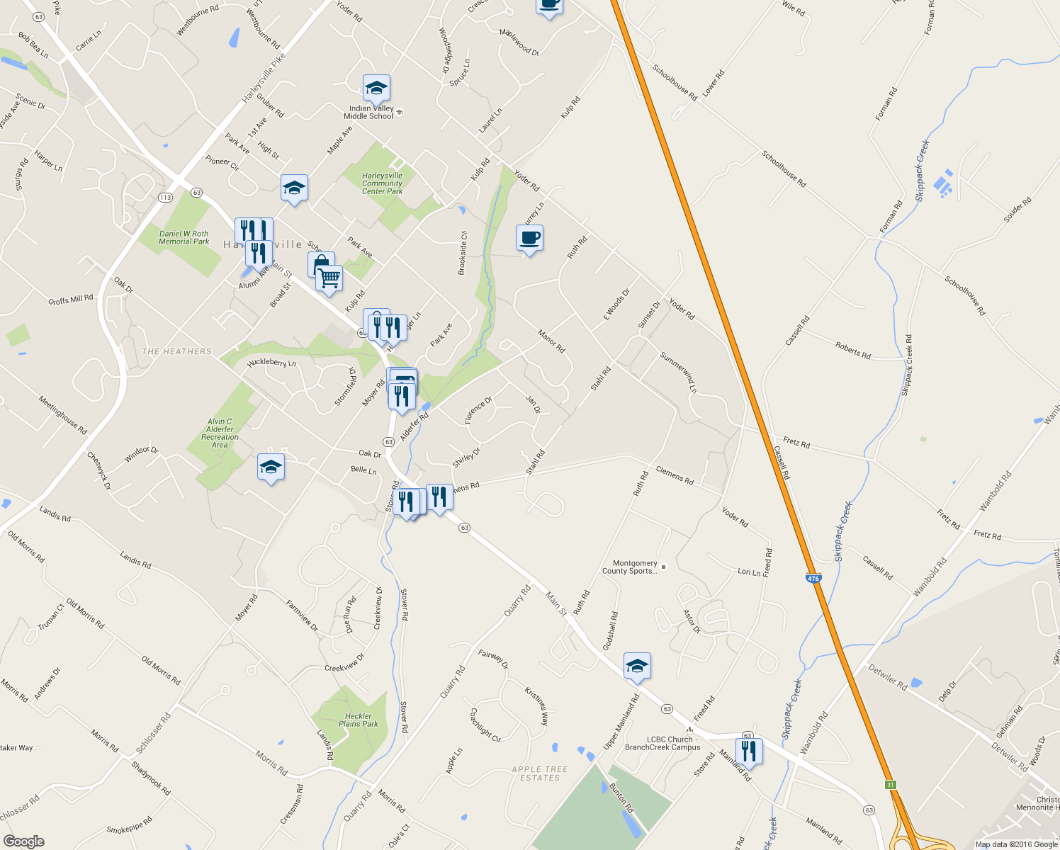 map of restaurants, bars, coffee shops, grocery stores, and more near 241 Shirley Drive in Harleysville