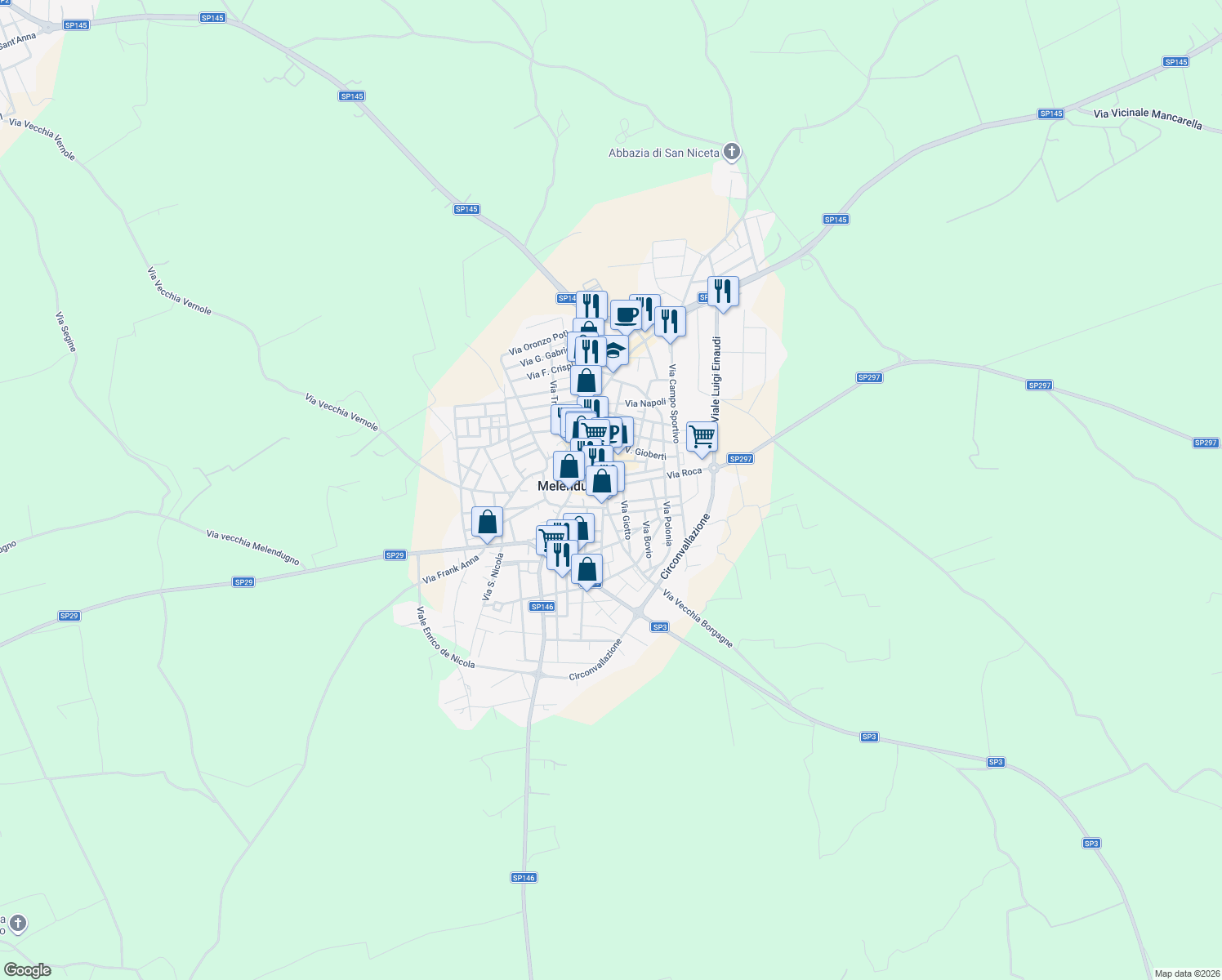 map of restaurants, bars, coffee shops, grocery stores, and more near 15 Piazza Martin Luter King in Melendugno