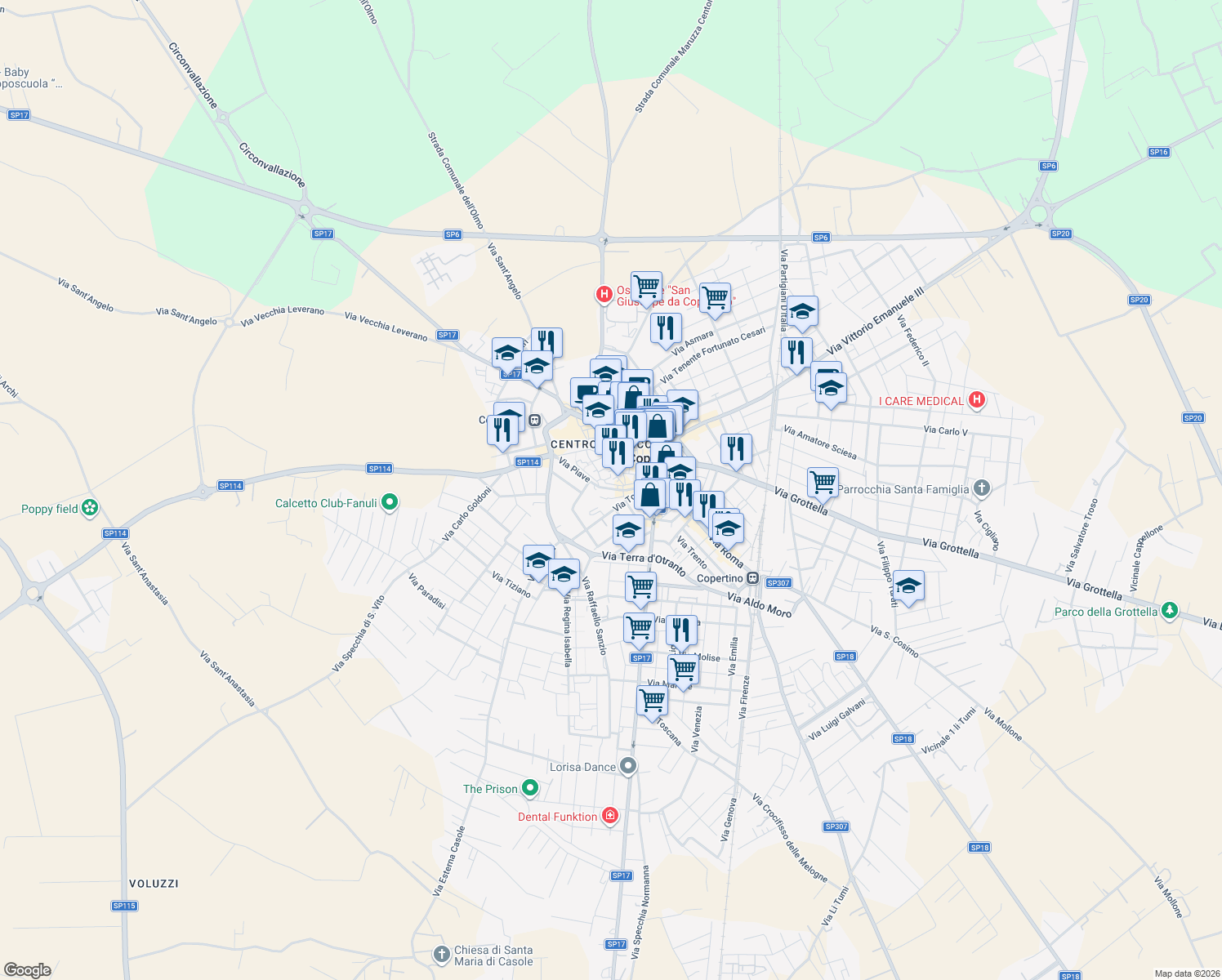 map of restaurants, bars, coffee shops, grocery stores, and more near 44 Via Gianserio Strafella in Copertino
