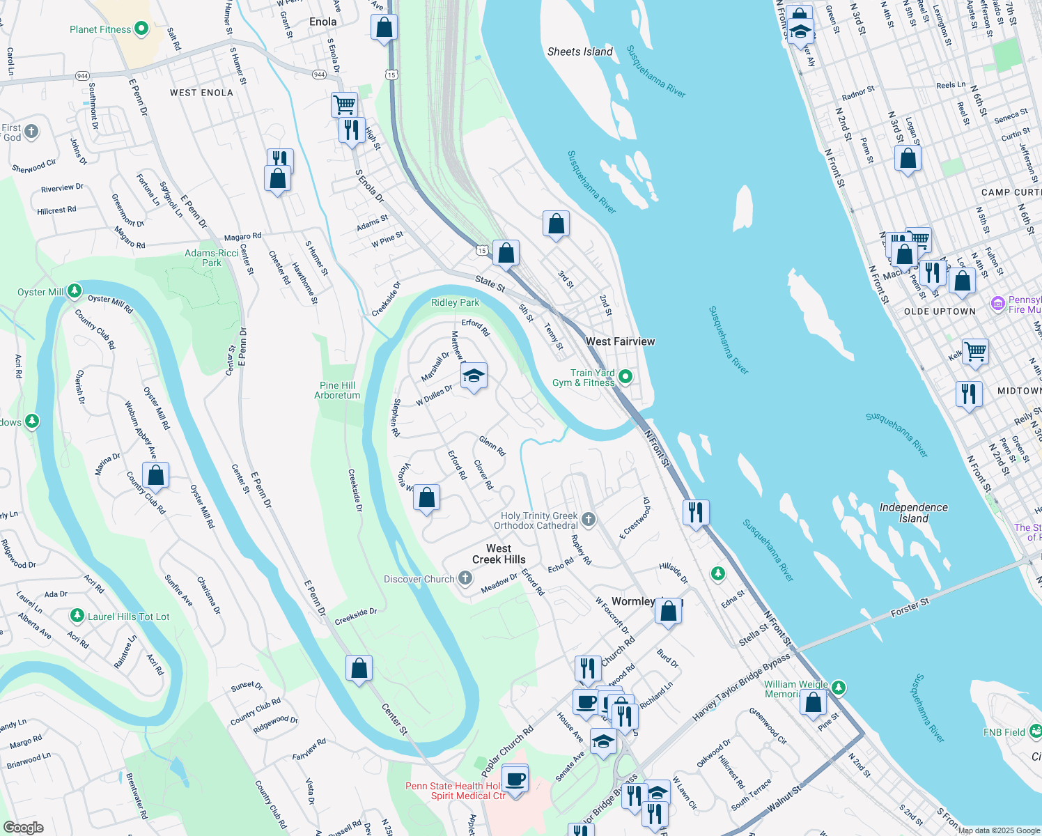 map of restaurants, bars, coffee shops, grocery stores, and more near 831 Erford Road in Camp Hill
