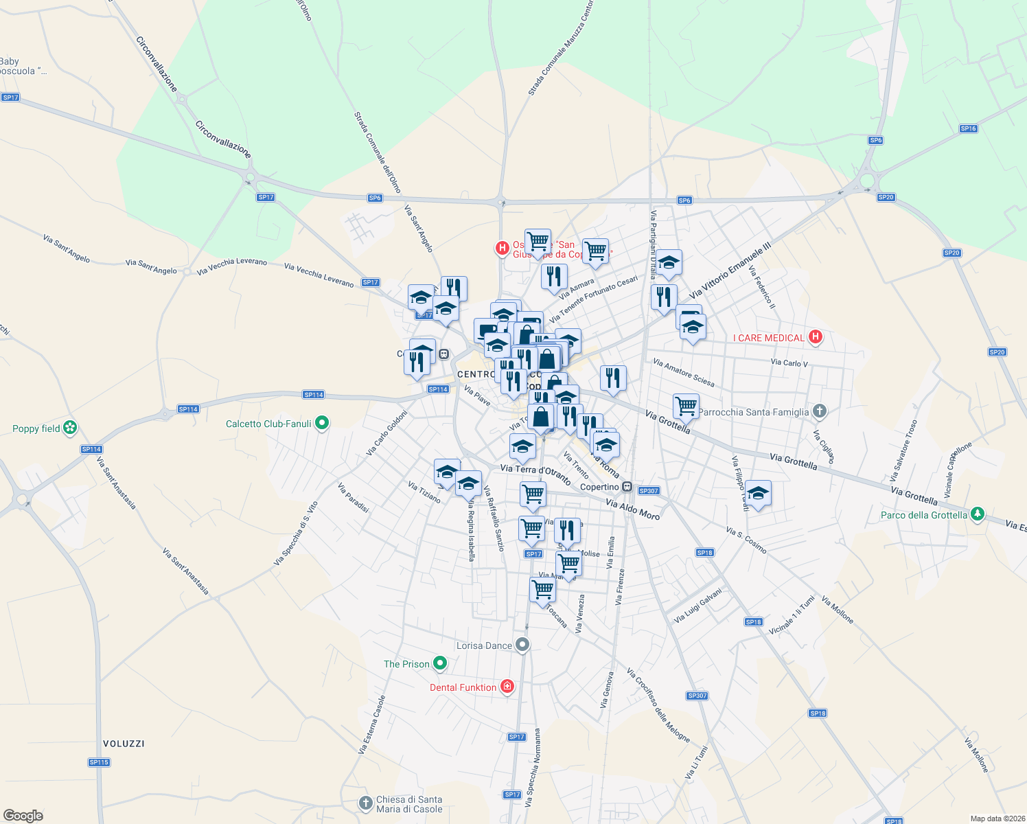 map of restaurants, bars, coffee shops, grocery stores, and more near 44 Via Gianserio Strafella in Copertino