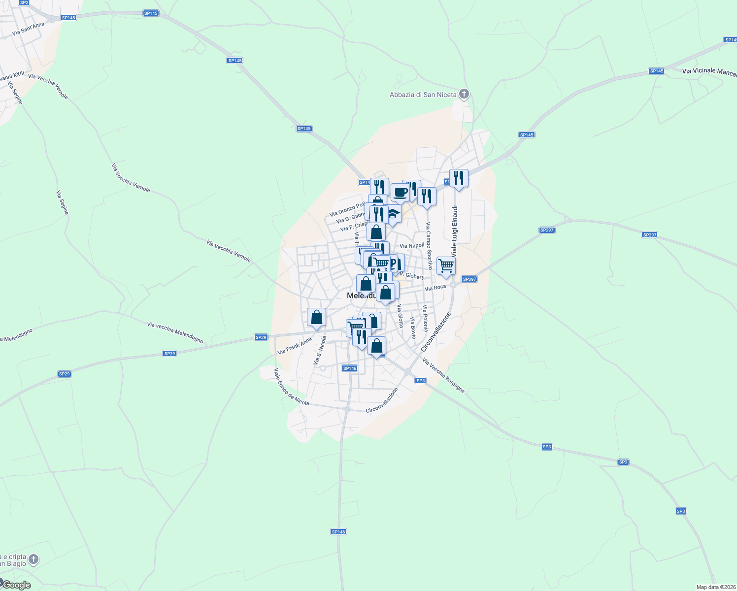 map of restaurants, bars, coffee shops, grocery stores, and more near in Melendugno