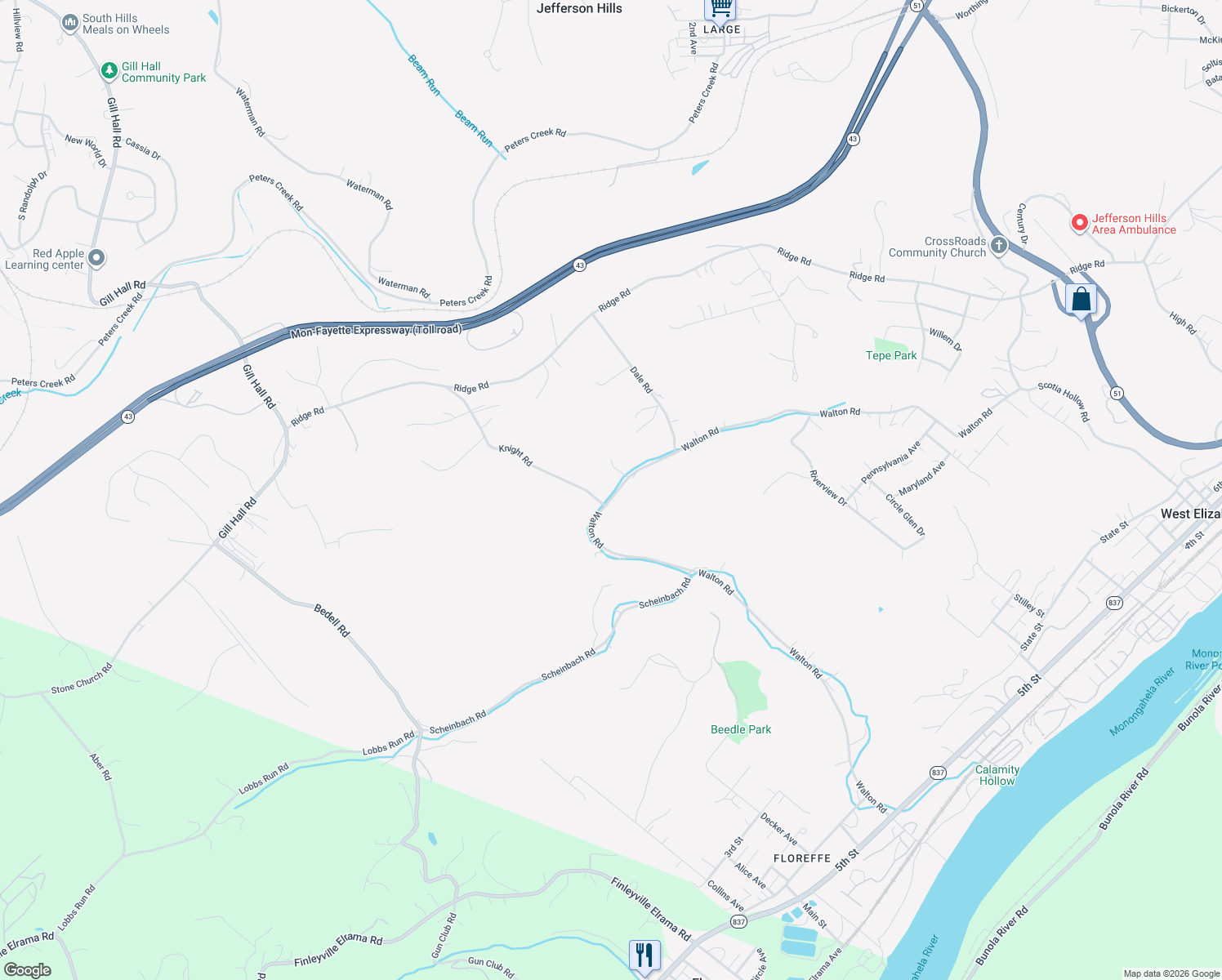 map of restaurants, bars, coffee shops, grocery stores, and more near 3005 Walton Road in Finleyville