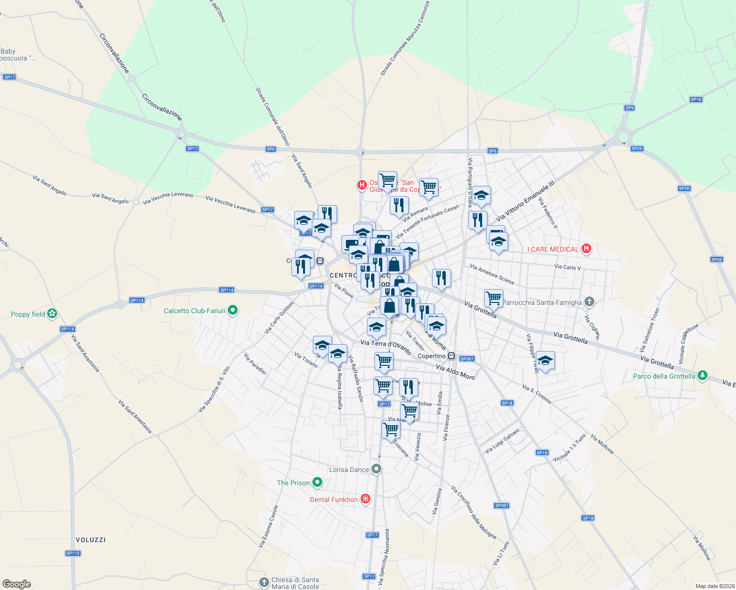 map of restaurants, bars, coffee shops, grocery stores, and more near 44 Via Gianserio Strafella in Copertino