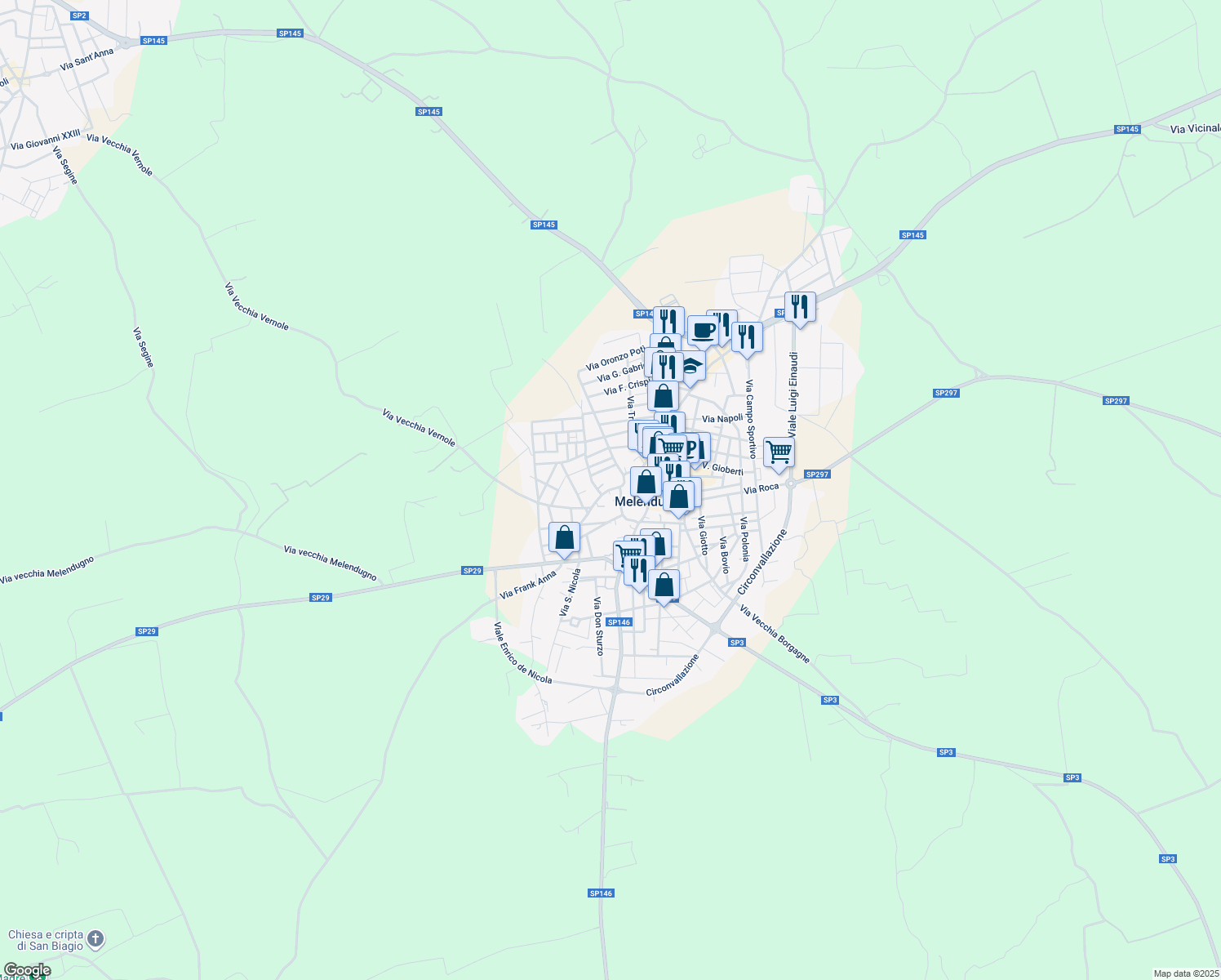 map of restaurants, bars, coffee shops, grocery stores, and more near 12 Via Luigi Cadorna in Melendugno