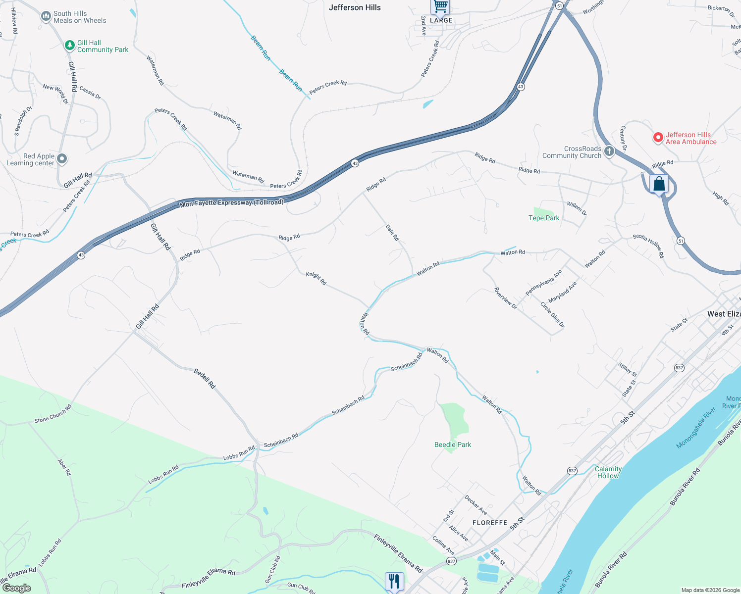 map of restaurants, bars, coffee shops, grocery stores, and more near 3005 Walton Road in Finleyville