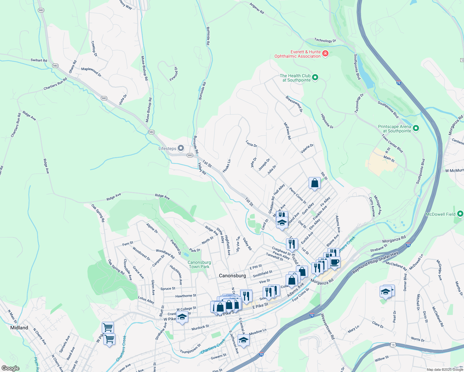 map of restaurants, bars, coffee shops, grocery stores, and more near 1148 1st Street in Canonsburg