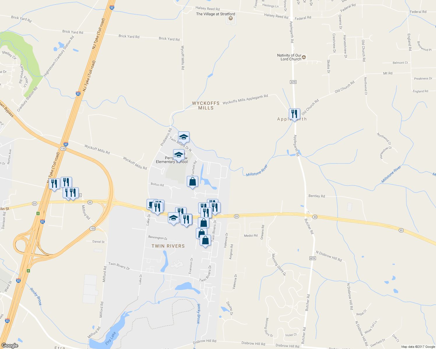 map of restaurants, bars, coffee shops, grocery stores, and more near 683 Ithaca Place in East Windsor