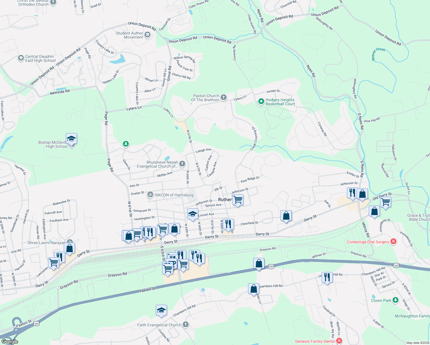 map of restaurants, bars, coffee shops, grocery stores, and more near 615 Cambria Ave in Harrisburg