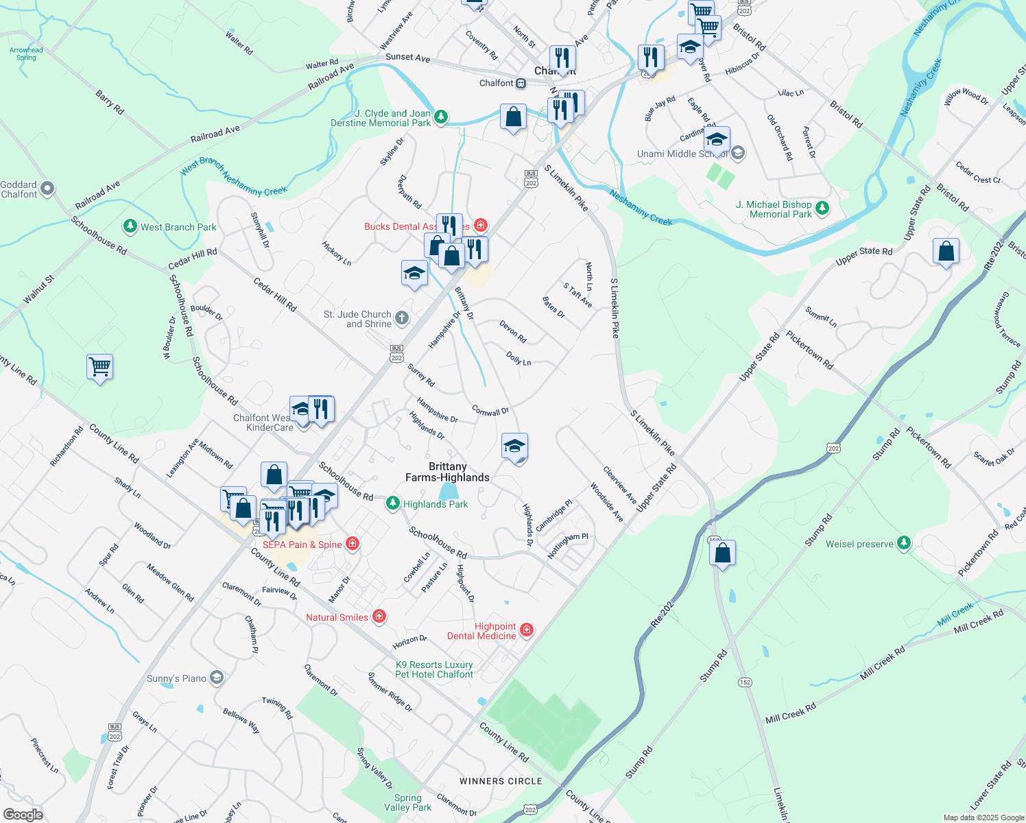 map of restaurants, bars, coffee shops, grocery stores, and more near 143 Brittany Drive in Chalfont