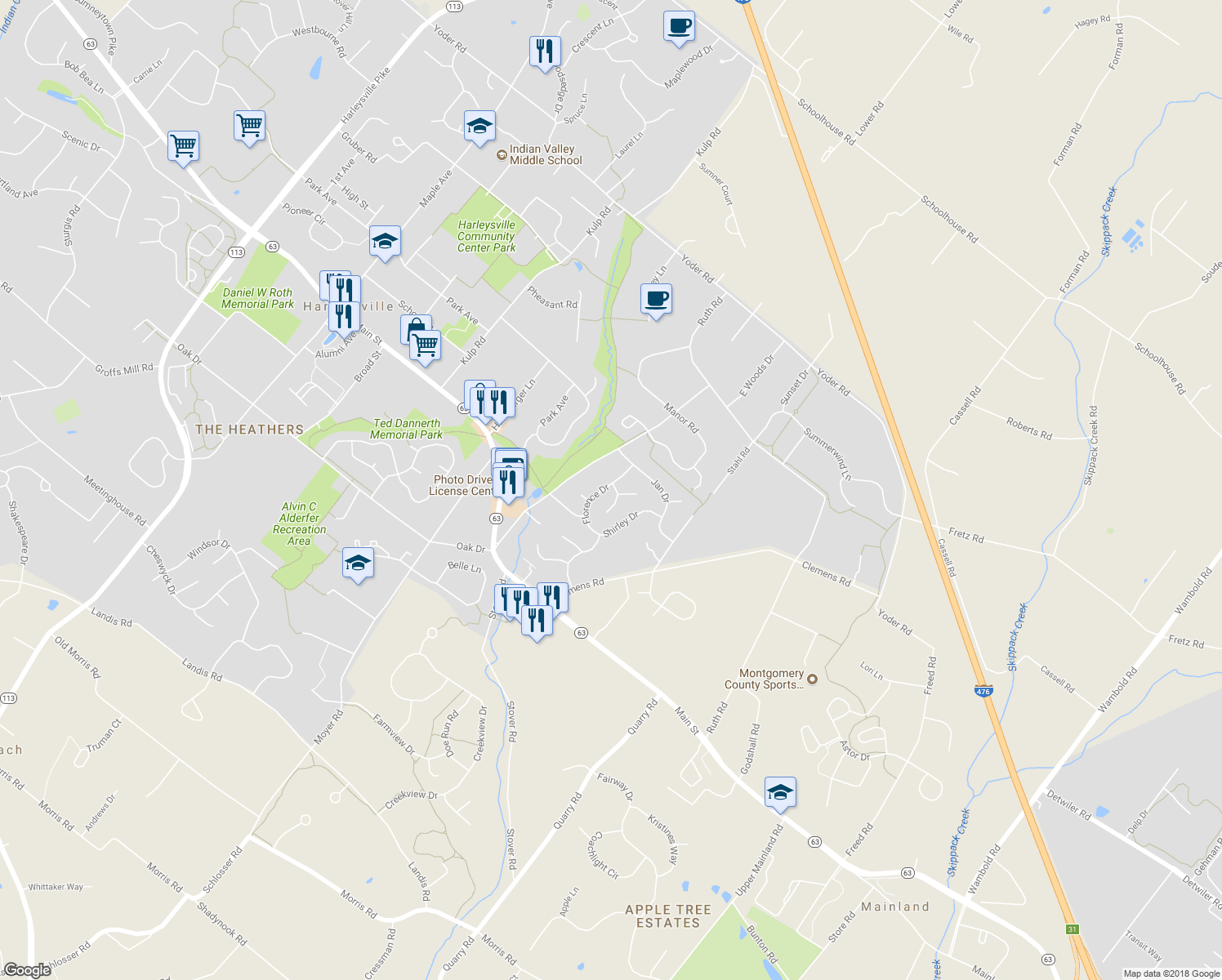 map of restaurants, bars, coffee shops, grocery stores, and more near 259 Danny Lane in Harleysville