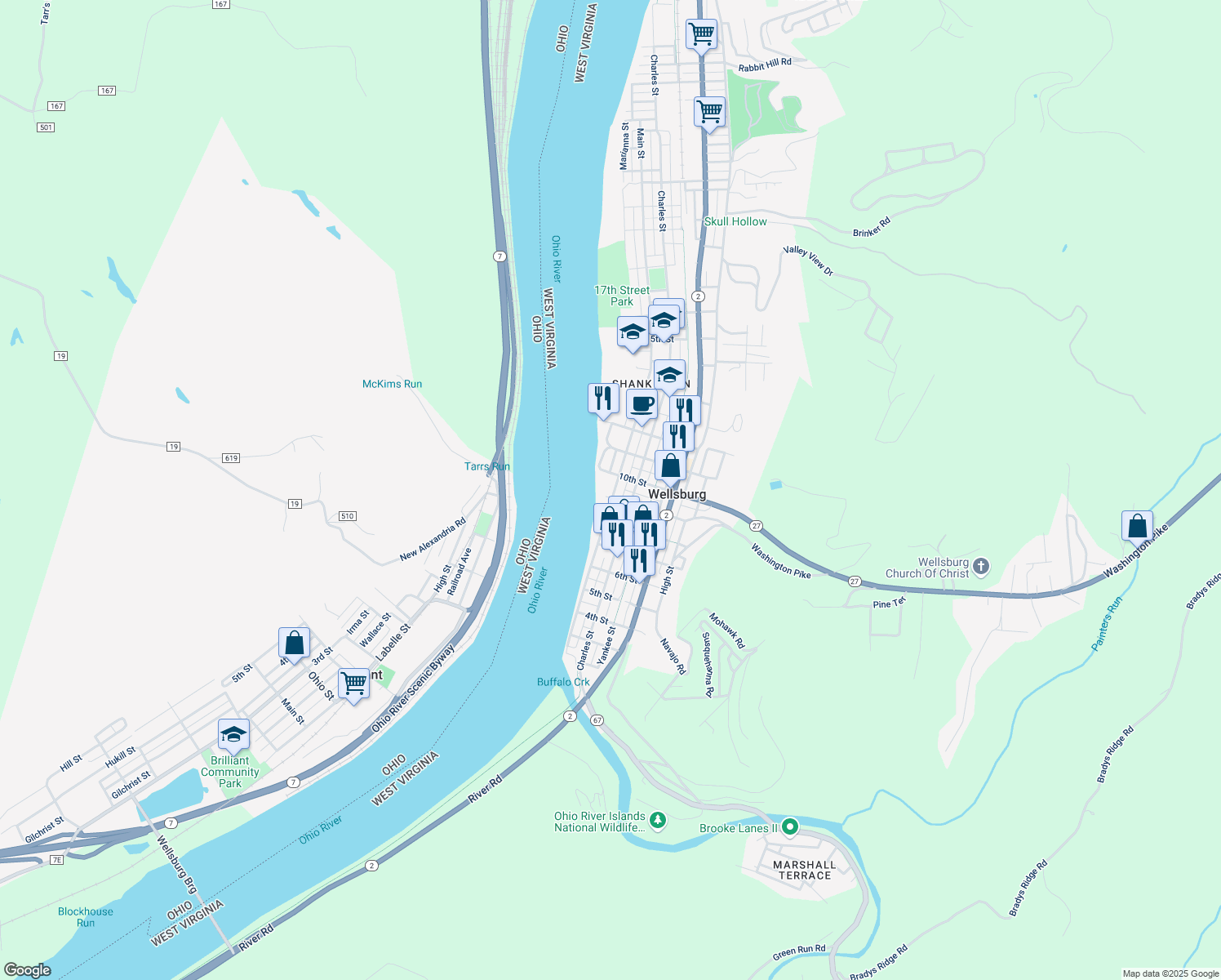 map of restaurants, bars, coffee shops, grocery stores, and more near 915 Main St in Wellsburg