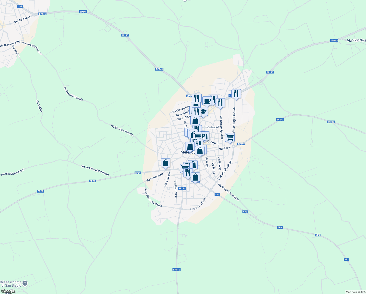 map of restaurants, bars, coffee shops, grocery stores, and more near 12 Via Luigi Cadorna in Melendugno