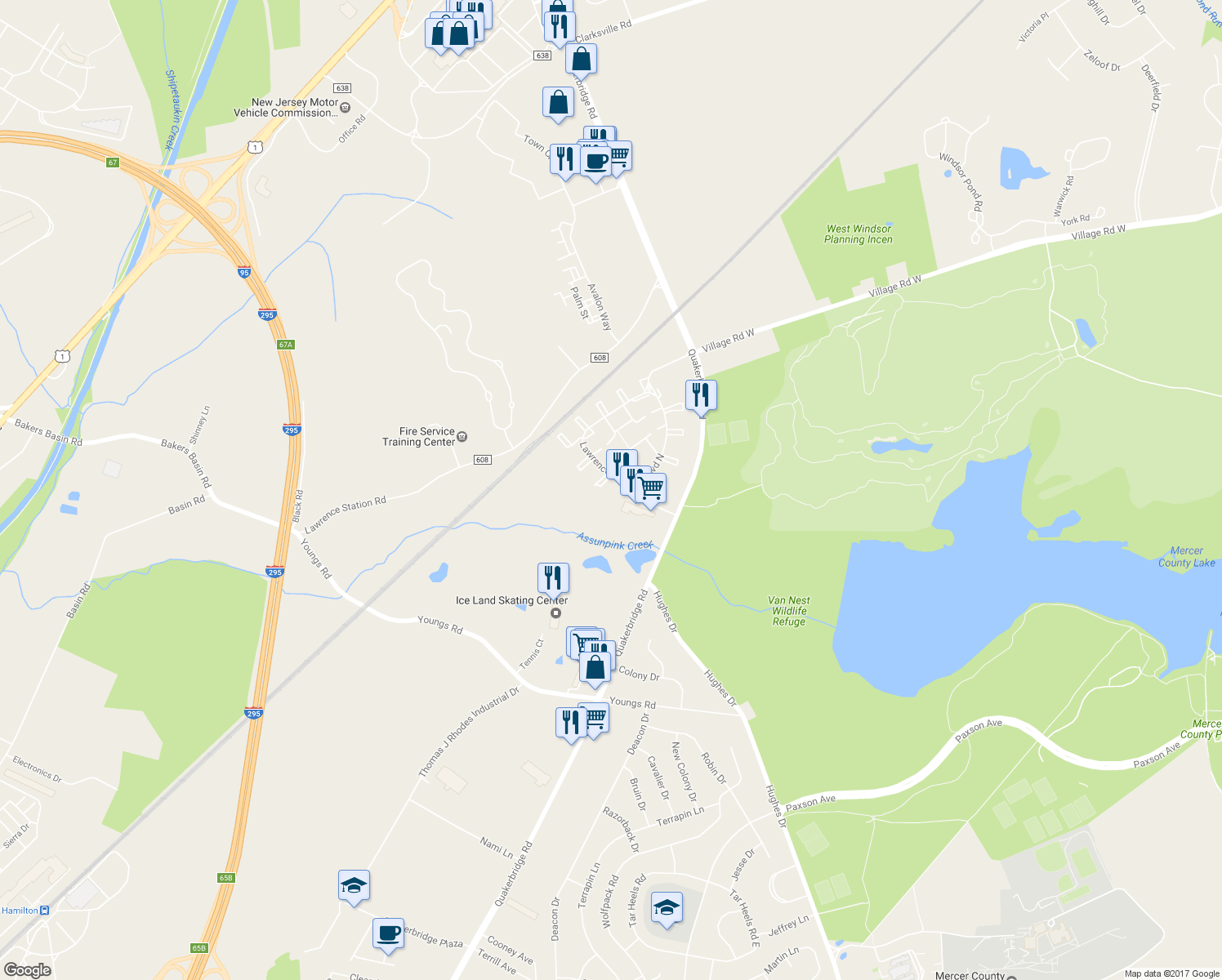map of restaurants, bars, coffee shops, grocery stores, and more near 19 Mendrey Court in Trenton