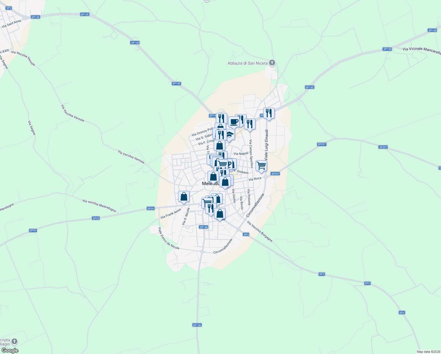 map of restaurants, bars, coffee shops, grocery stores, and more near 31A Via Giuseppe Mazzini in Melendugno