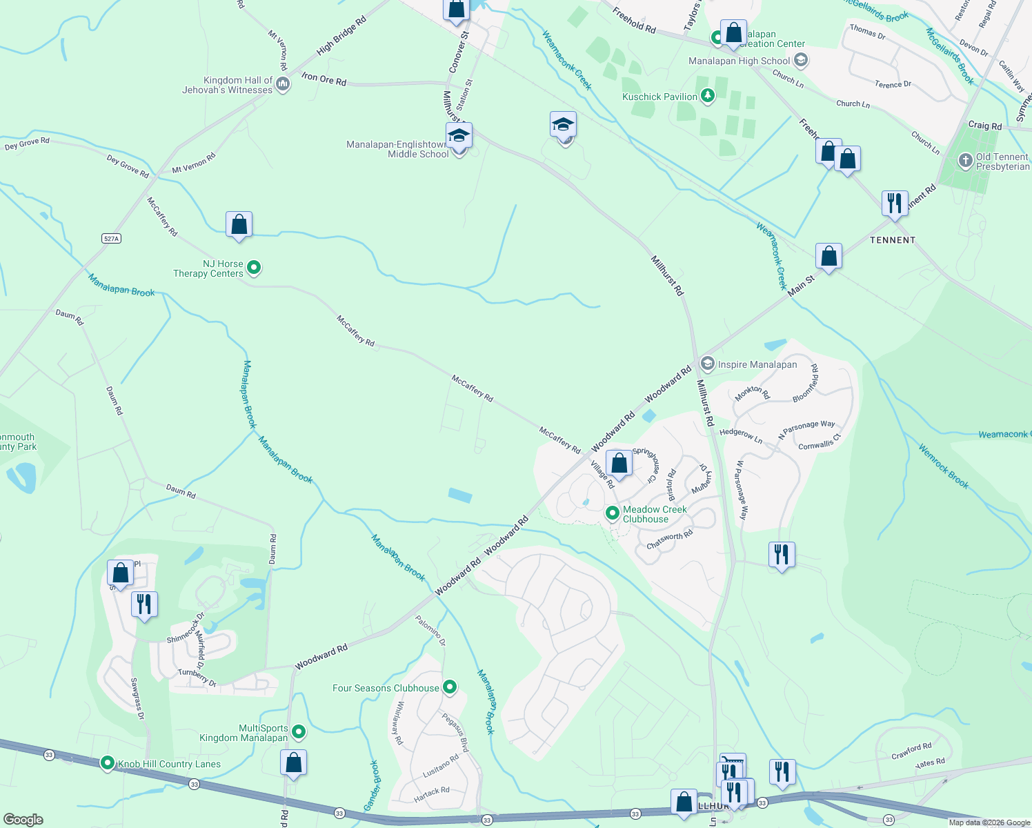 map of restaurants, bars, coffee shops, grocery stores, and more near 28 McCaffery Road in Manalapan Township