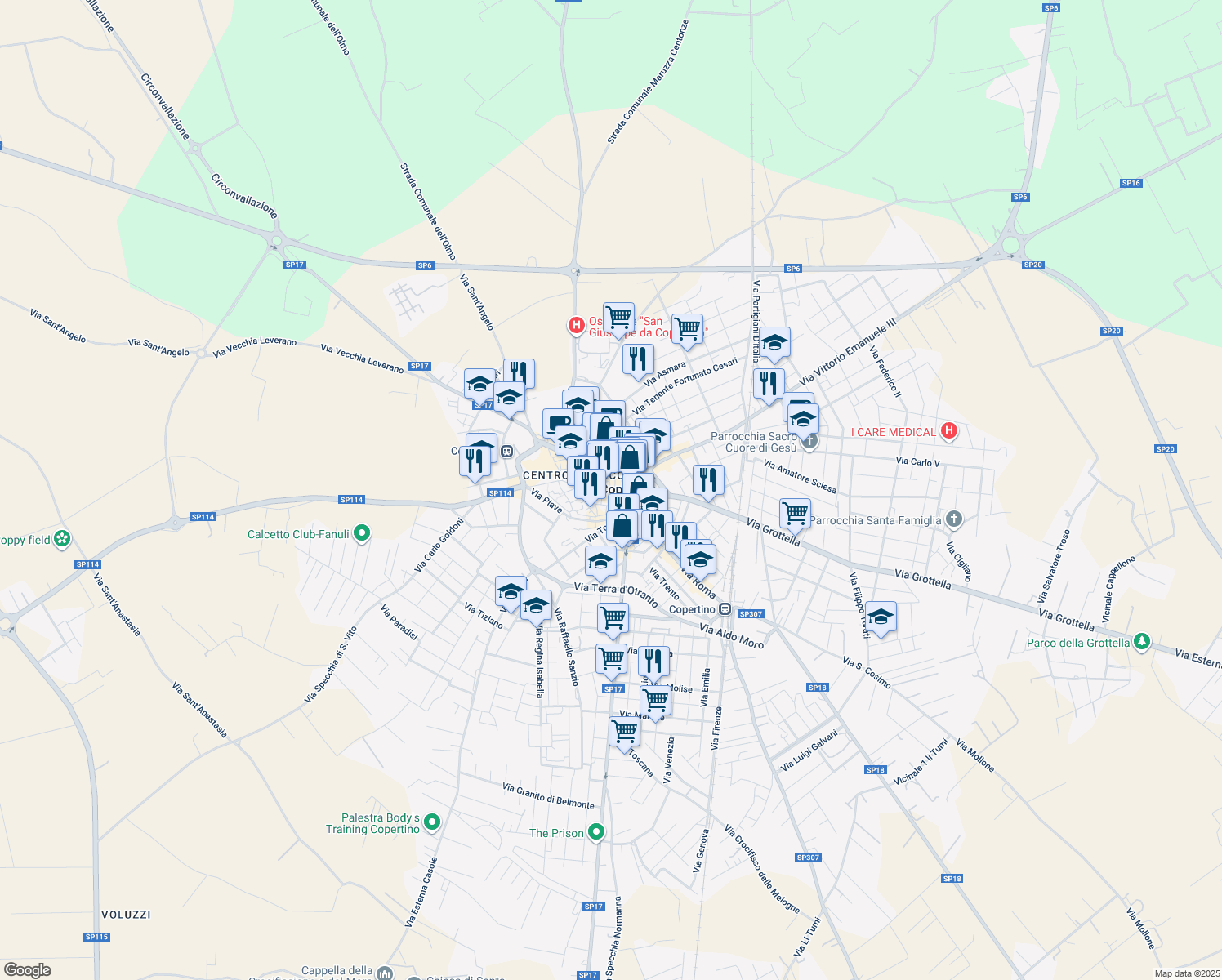 map of restaurants, bars, coffee shops, grocery stores, and more near 25 Via Margherita di Savoia in Copertino