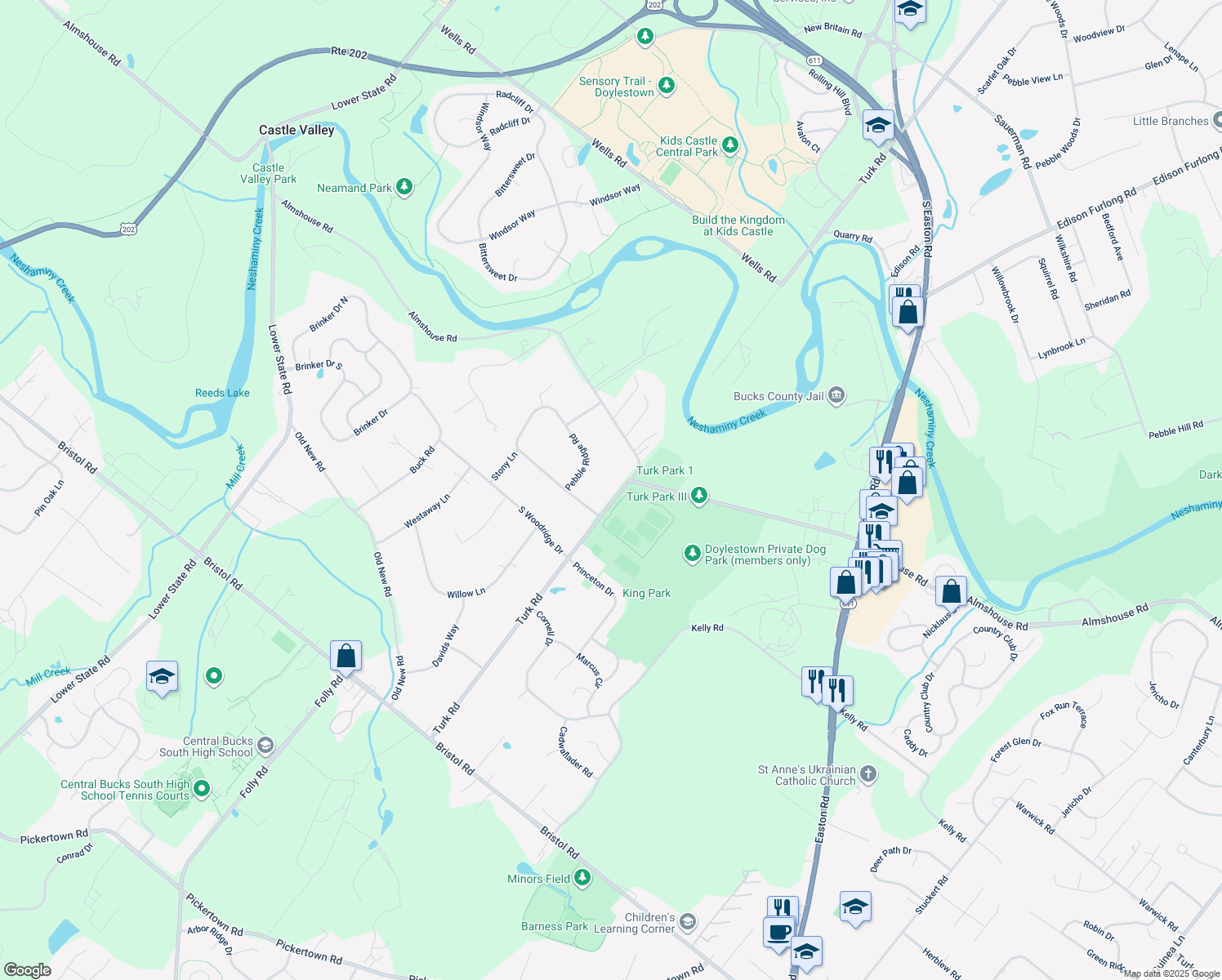 map of restaurants, bars, coffee shops, grocery stores, and more near 1620 Turk Road in Warrington