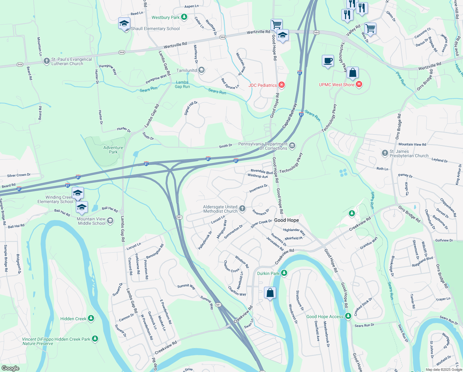map of restaurants, bars, coffee shops, grocery stores, and more near 5405 Rivendale Boulevard in Mechanicsburg