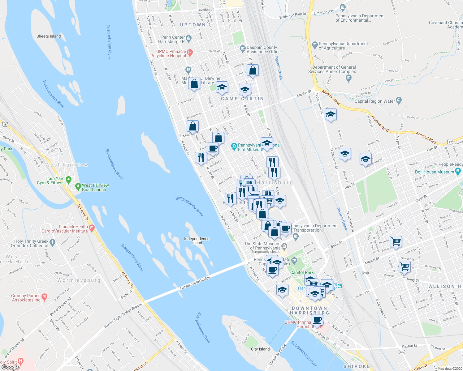 map of restaurants, bars, coffee shops, grocery stores, and more near 1609 Green St in Harrisburg