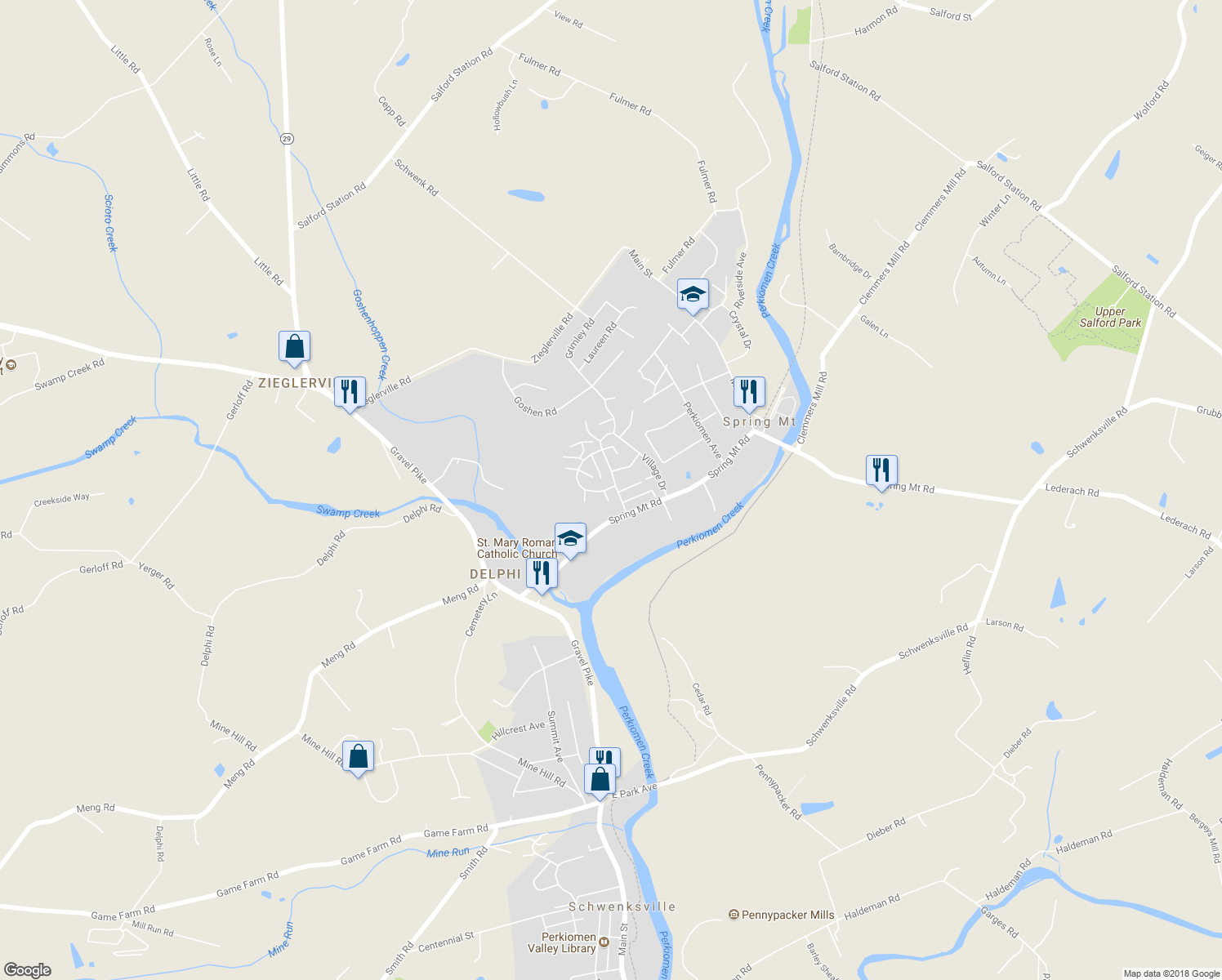 map of restaurants, bars, coffee shops, grocery stores, and more near 1 Aspen Way in Schwenksville