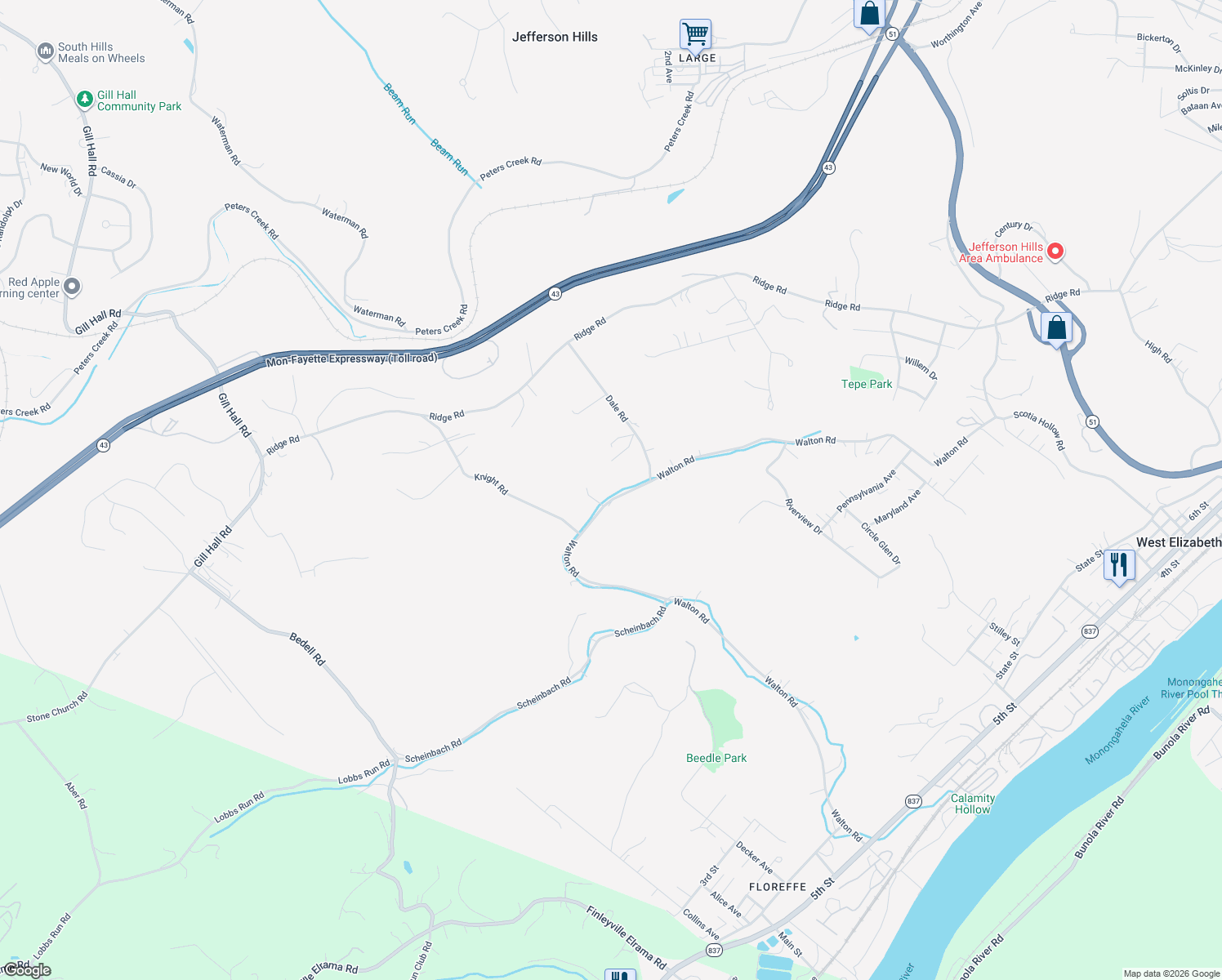 map of restaurants, bars, coffee shops, grocery stores, and more near 3025 Walton Road in Finleyville