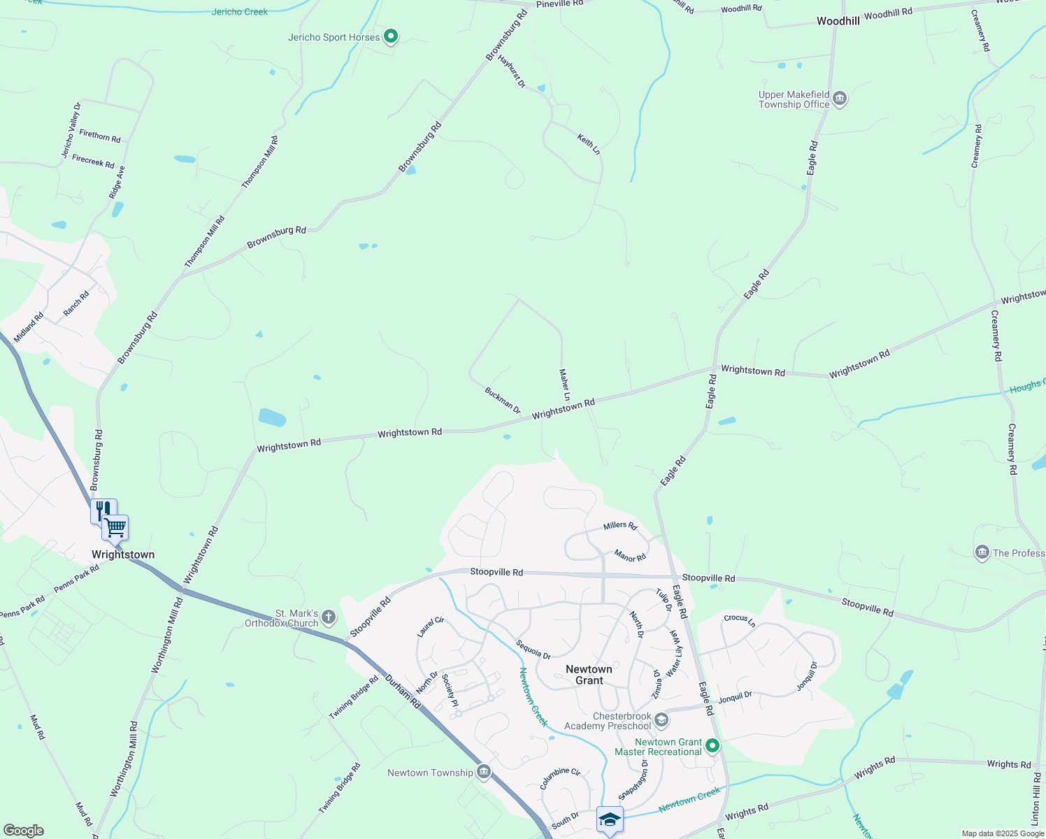 map of restaurants, bars, coffee shops, grocery stores, and more near 1377 Wrightstown Road in Newtown