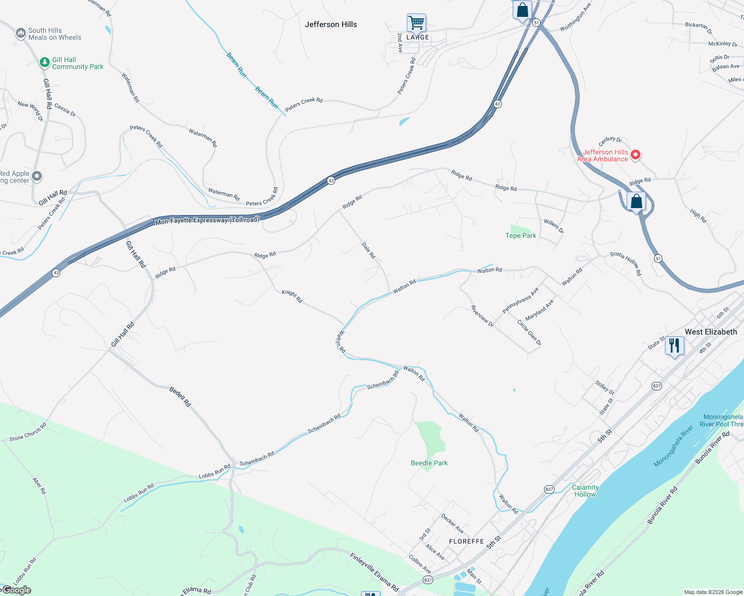 map of restaurants, bars, coffee shops, grocery stores, and more near 3025 Walton Road in Finleyville