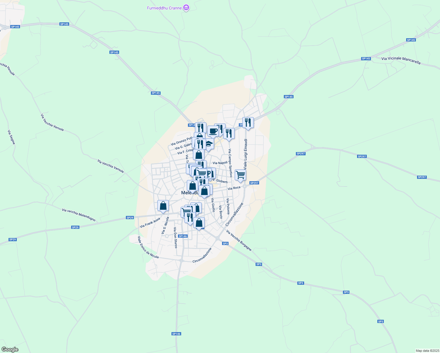 map of restaurants, bars, coffee shops, grocery stores, and more near 61 Via Giuseppe Garibaldi in Melendugno